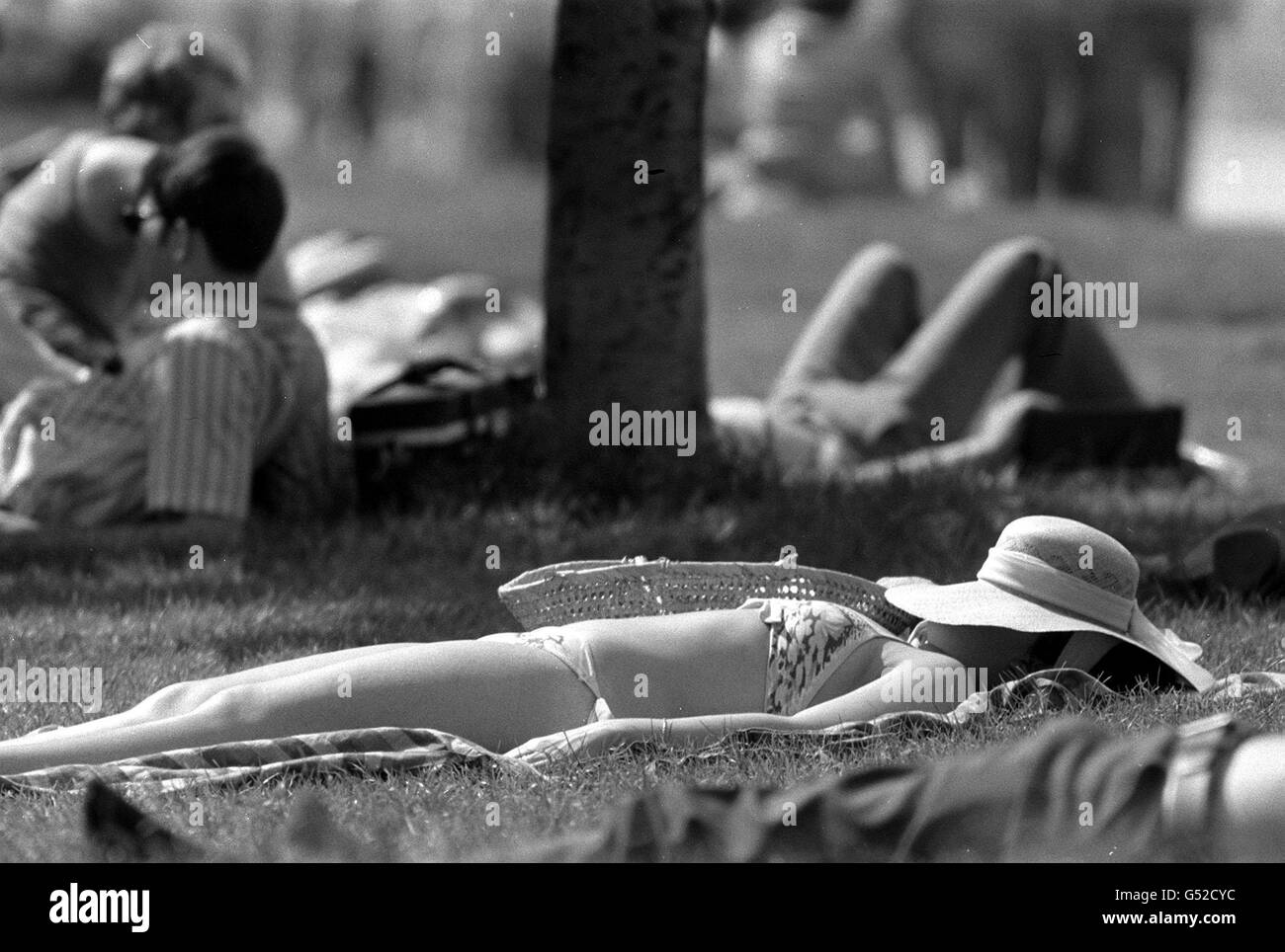 Une fille de soleil à Hyde Park, Londres, lors d'une vague de chaleur en juin 1975. Banque D'Images