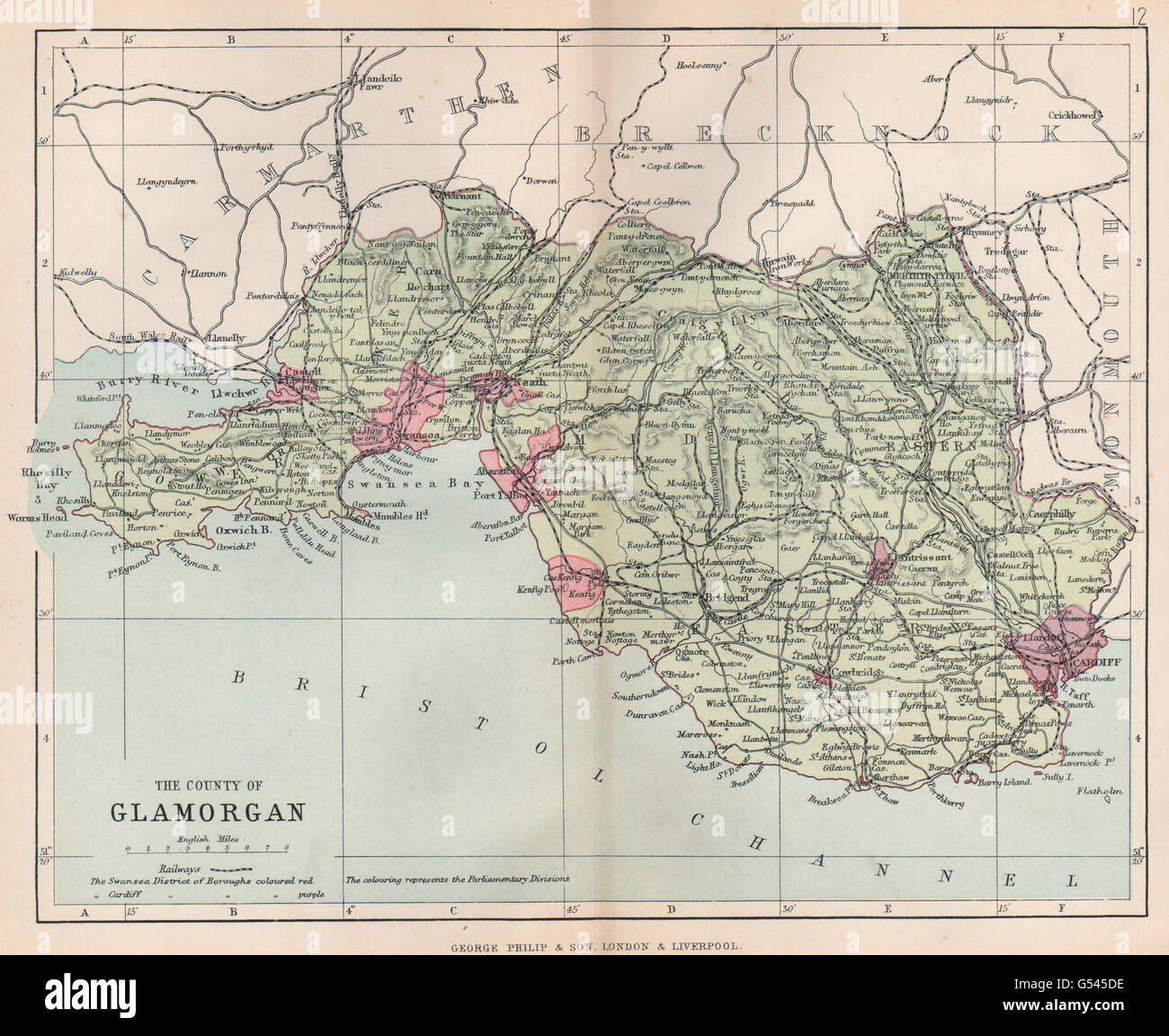 Cardiff : GLAMORGANSHIRE Swansea Neath Port Talbot. Le Pays de Galles. BARTHOLOMEW, 1896 map Banque D'Images