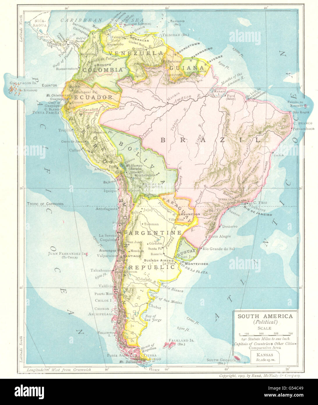 L'Amérique du Sud (Politique). République Argentine Bolivie Brésil Guyane, 1907 map Banque D'Images