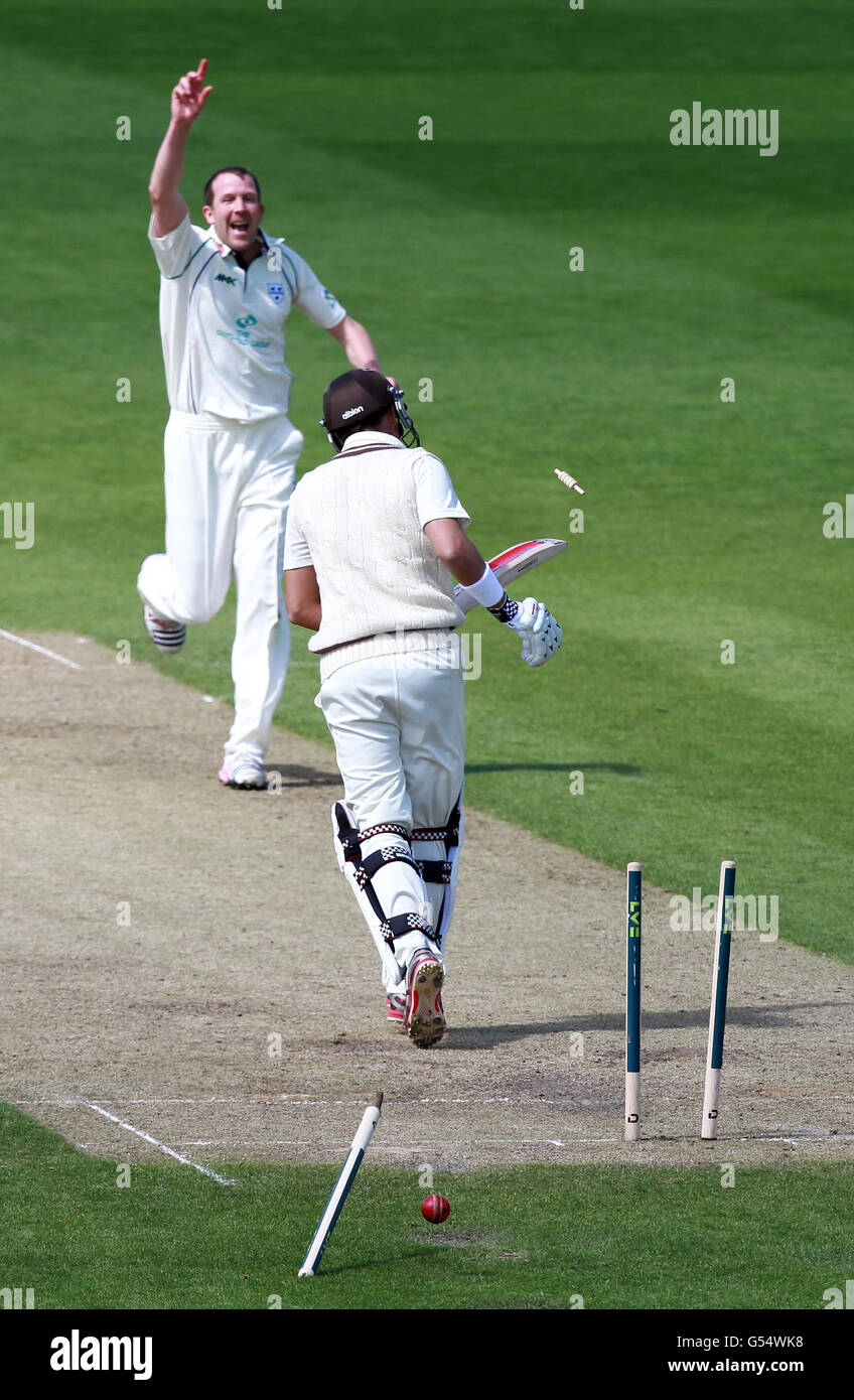 Jacques Rudolph, de Surrey, est animé par Alan Richardson, de Worcestershire, pour 68, lors du championnat du comté de LV=, match de la division un à New Road, Worcester. Banque D'Images