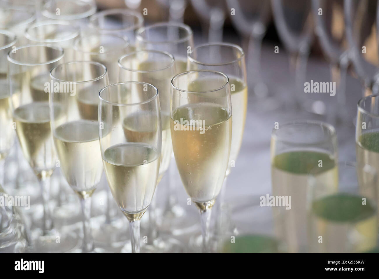 Champagne servi dans des verres d'une bouteille lors d'une réception au champagne. Banque D'Images