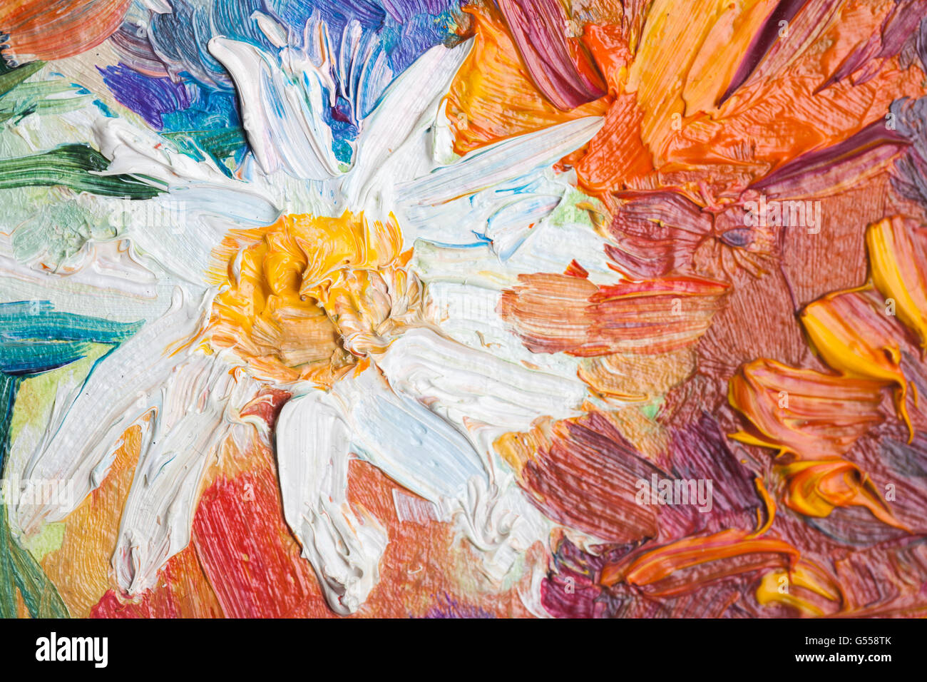 Peinture à l'huile, fragment de près avec des fleurs colorées Banque D'Images
