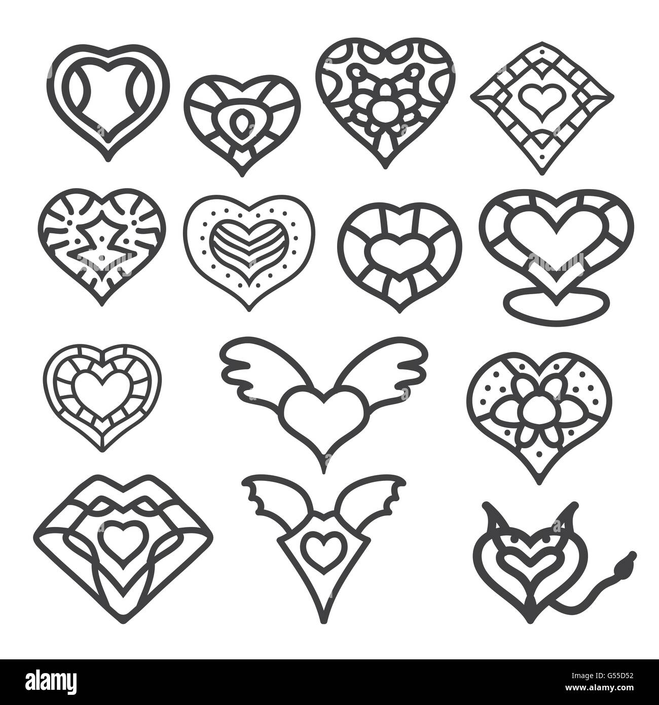 Symbole d'amour en forme de coeur hand drawn vector icon set Illustration de Vecteur