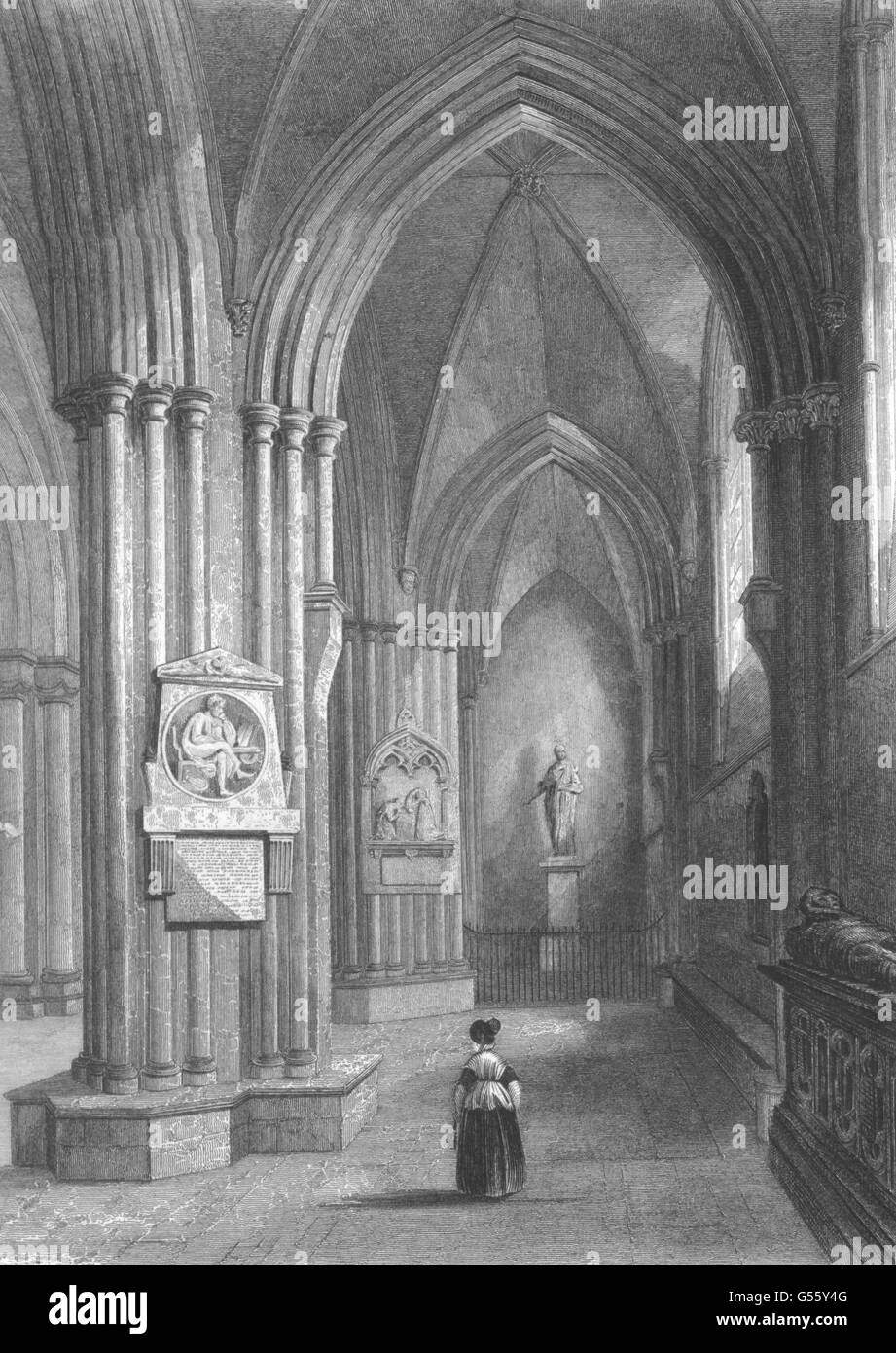 SUSSEX : Cathédrale de Chichester, dans le Nord de l'allée, antique print c1842 Banque D'Images