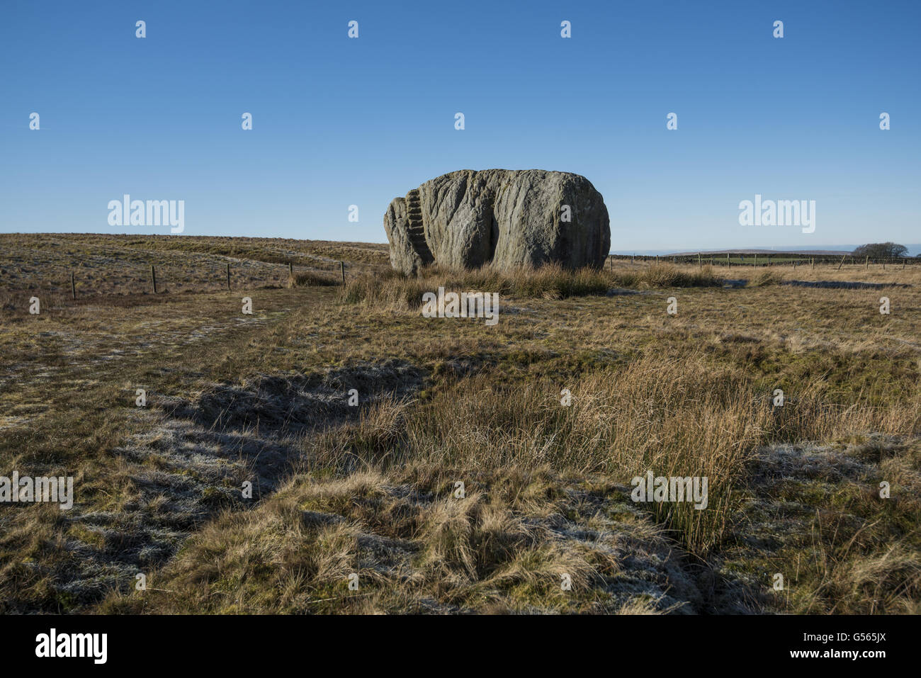 Dépôt glaciaire sur la lande, la grande pierre d'Fourstones (connue localement sous le nom de 'la grosse pierre'), près de Bentham, Tatham Fells, North Yorkshire, Angleterre, Février Banque D'Images