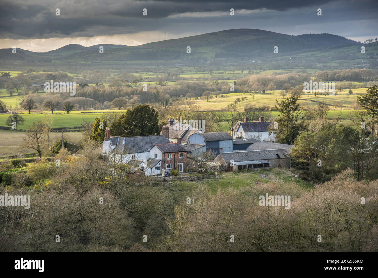 Vue de ferme, granges et terres agricoles, Lydbury North, Shropshire, Angleterre, avril Banque D'Images
