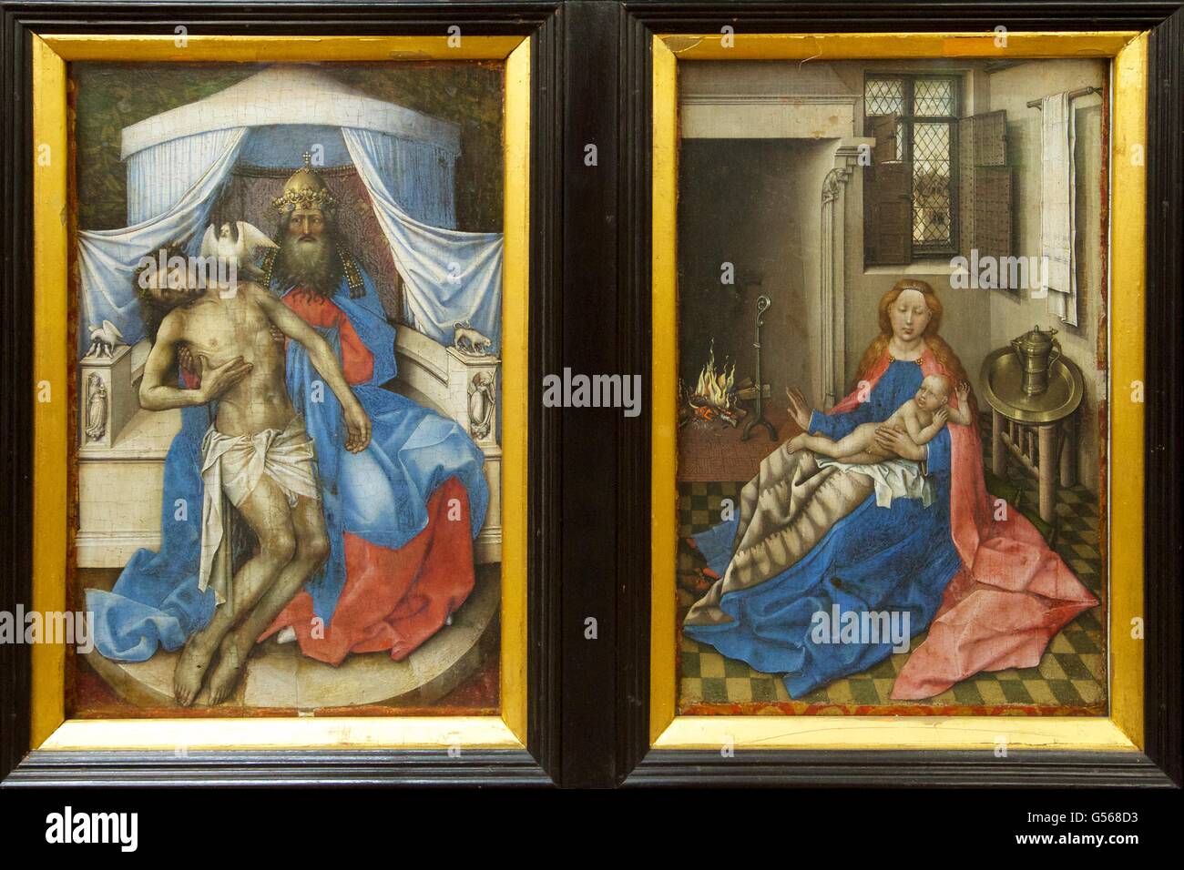 La Trinité et la Vierge et l'enfant par une cheminée, par Robert Campin, Maître de Flemalle, vers 1380, Musée de l'Ermitage, Banque D'Images