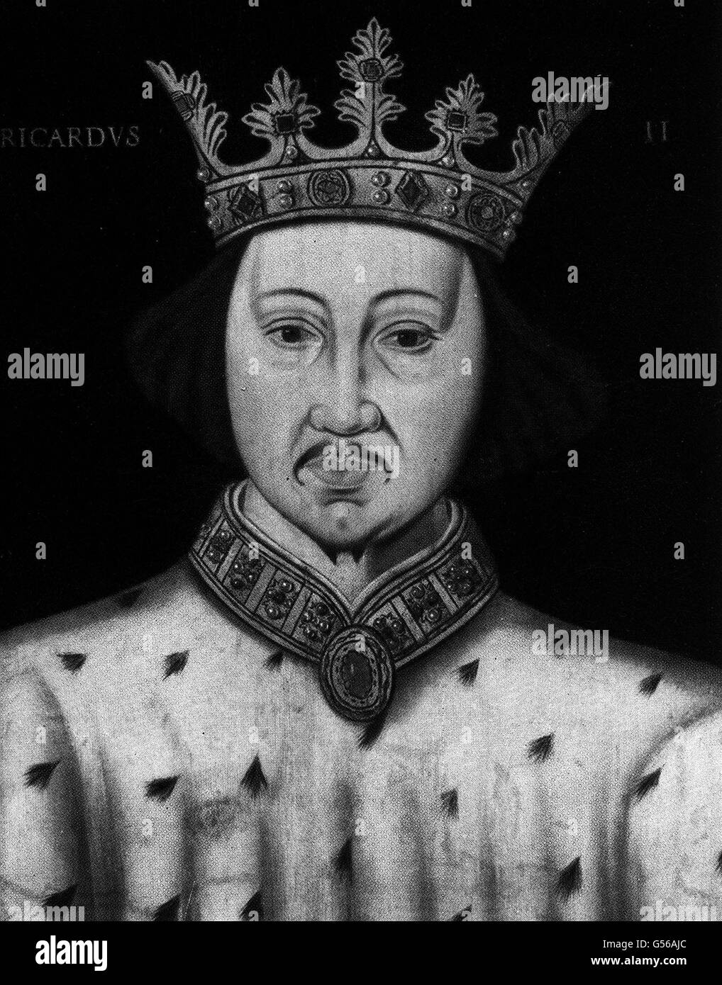 29/09/1399 - EN CE JOUR DE 1399 - le roi Richard II d'Angleterre est forcé de s'abdiquer en faveur de Henry Bolingbroke (Henry IV) 14/02/1400: En ce jour de 1400, le roi abdiqué Richard II est assassiné dans le château de Pontefract LE ROI RICHARD II: Un portrait de Richard de Bordeaux (1367-1400) comme roi d'Angleterre (1377-1400). Son règne a été troublé par le mécontentement populaire (notamment la révolte des paysans) et l'opposition baronique. Il a été forcé de abdiquer en faveur de Henry Bolingbroke (plus tard Henry IV) et est mort au château de Pontefract dans des circonstances mystérieuses. Banque D'Images