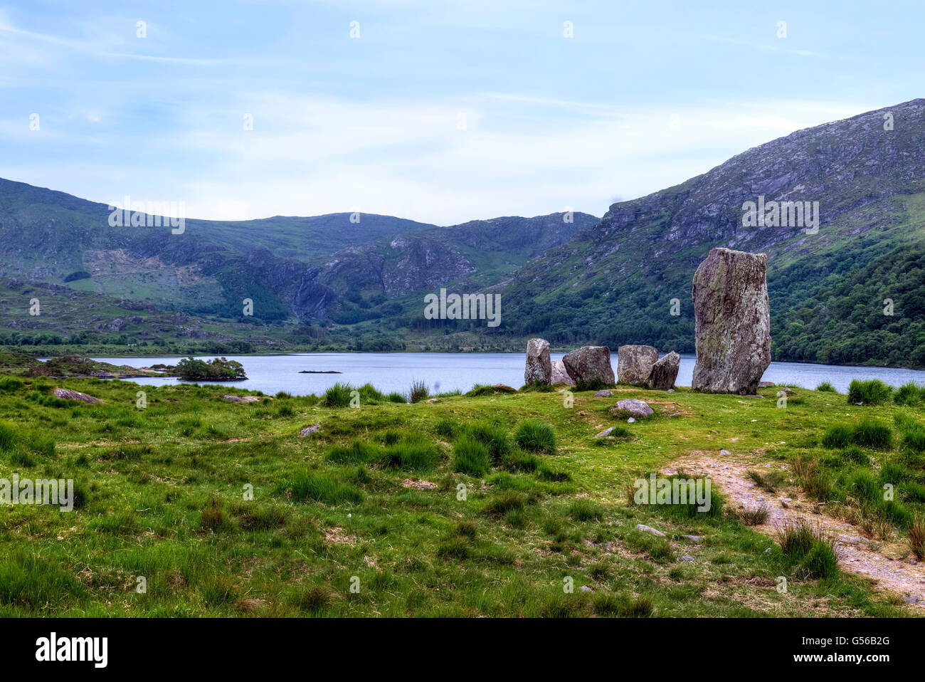 Uragh Stone Circle, Loch Inchiquin, Péninsule de Beara, comté de Kerry, Irlande, Banque D'Images