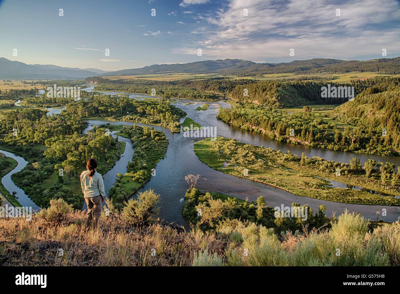 Une femme jouit de la vue sur une falaise au-dessus de la Swan Valley de la Snake River dans la rivière Snake Nelson Morley Oiseaux de proie National Conservation Area en dehors de Boise, Idaho. La zone abrite la plus grande concentration d'oiseaux de proie en Amérique du Nord. Banque D'Images