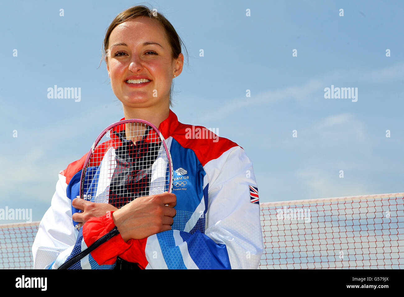 Susan Egelstaff en Grande-Bretagne est nommée membre de l'équipe de badminton du Royaume-Uni pour participer aux Jeux Olympiques de 2012 lors d'une séance photo à la Bourse de Londres. Banque D'Images