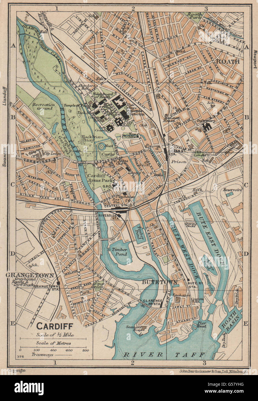 CARDIFF. Plan Plan de la ville ville vintage. Pays de Galles, 1936 Banque D'Images