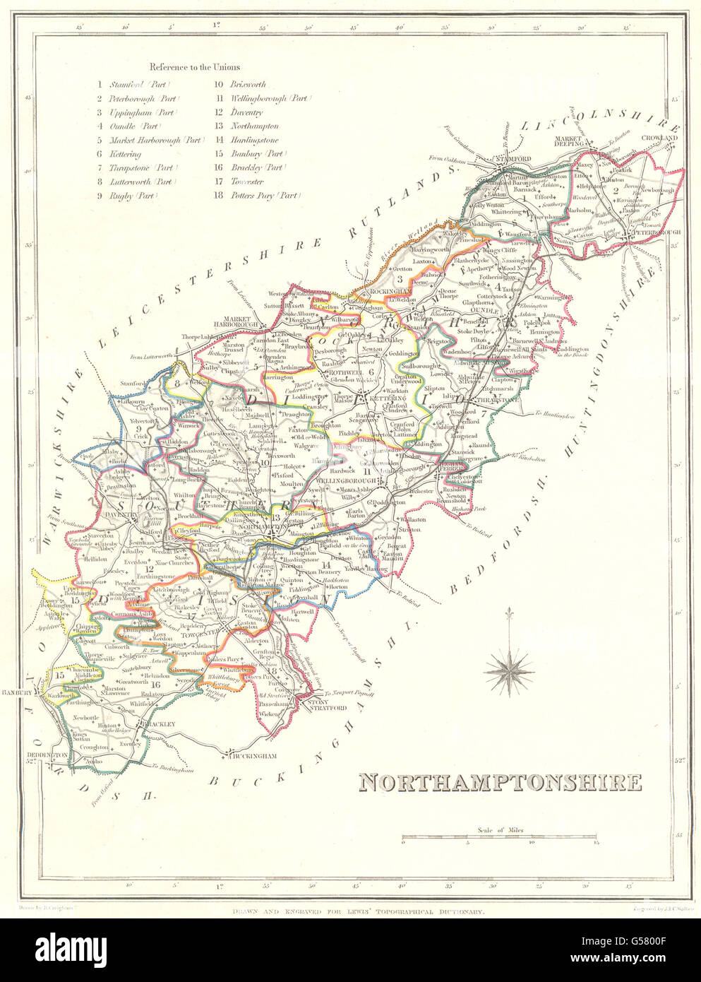 Le NORTHAMPTONSHIRE : Northants Lewis : contour original de coloration, c1840 carte ancienne Banque D'Images