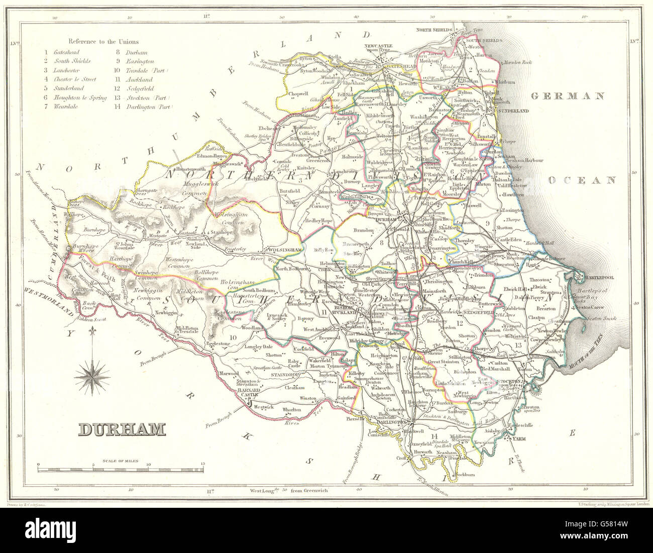: DURHAM Durham : Lewis : contour original de coloration, c1840 carte antique Banque D'Images