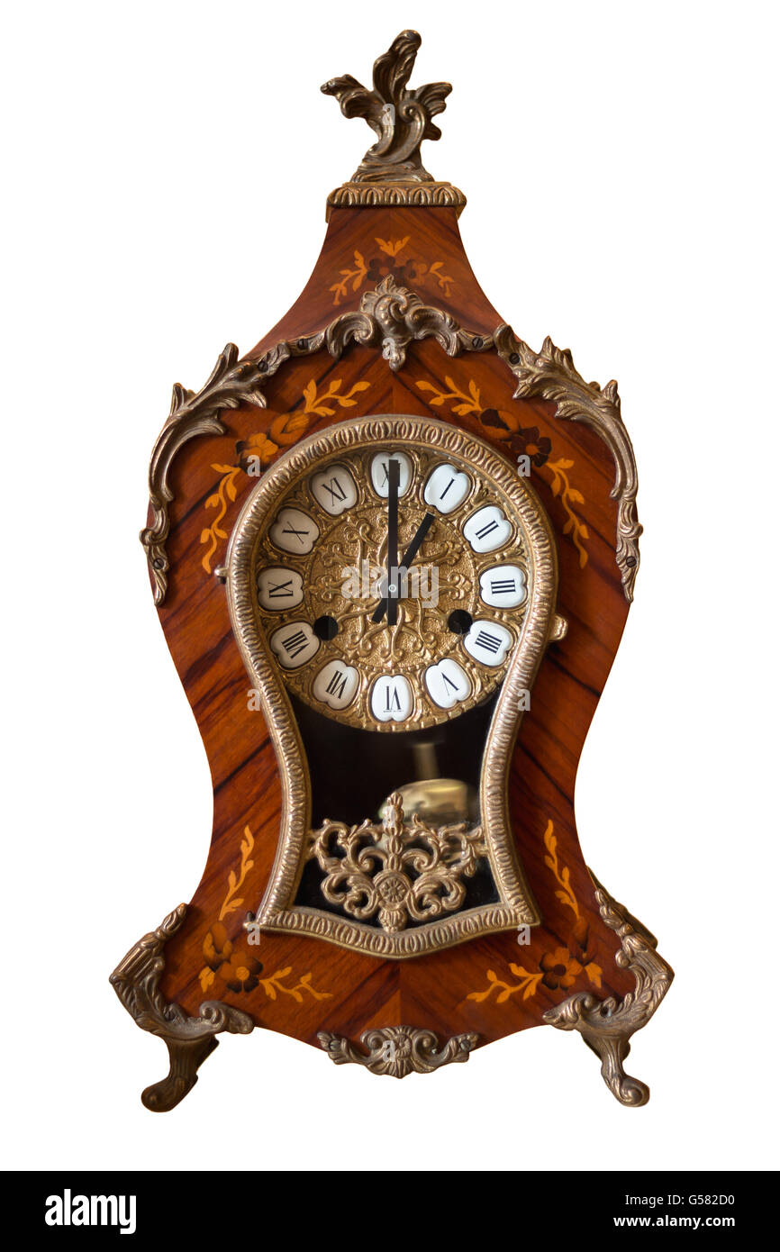 Horloge ancienne ouvragée, réveil classique avec motifs floraux fabriqué en Italie isoler sur fond blanc Banque D'Images