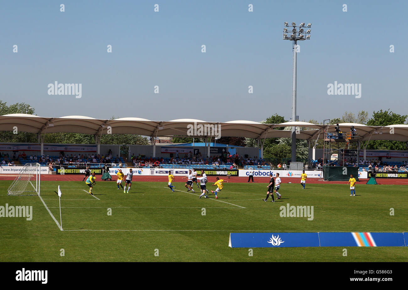 Vue générale du match entre les États-Unis et le Brésil lors du tournoi de football 7-a-Side au cours du quatrième jour de la coupe du monde paralympique BT à l'arène régionale de Manchester, Manchester. Banque D'Images