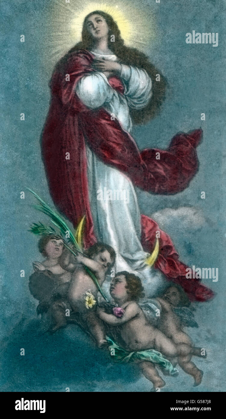 Bartholomeo Esteban Murillo (16121682) hat Werke geschaffen, die sich durch ein und einer inneren Empfindung glänzendes Kolorit auszeichnen, l'indem meist ein zartes Helldunkel Verwendung findet. Den meisten senneur Bilder haftet etwas mystisches, une geheimnisvolles. Am häufigsten hat er die Madonna, die unbefleckte Empfängnis Immaculata verherrlicht, wie auch auf diesem Bild, wo die Madonna, auf der Mondsichel stehend, von umschwebt Englein, in ihrer himmlischen Glorie erscheint. L'Europe, Espagne, voyages, années 1930, années 1920, 20e siècle, archive, Carl Simon, histoire, historique, Madonna l'Immaculata, pa Banque D'Images