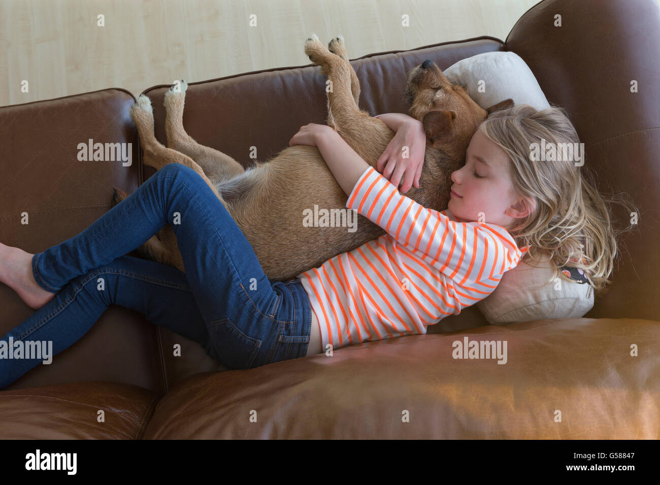 Ariel vue d'une jeune fille de câliner son chien sur un canapé un t à la maison. Banque D'Images