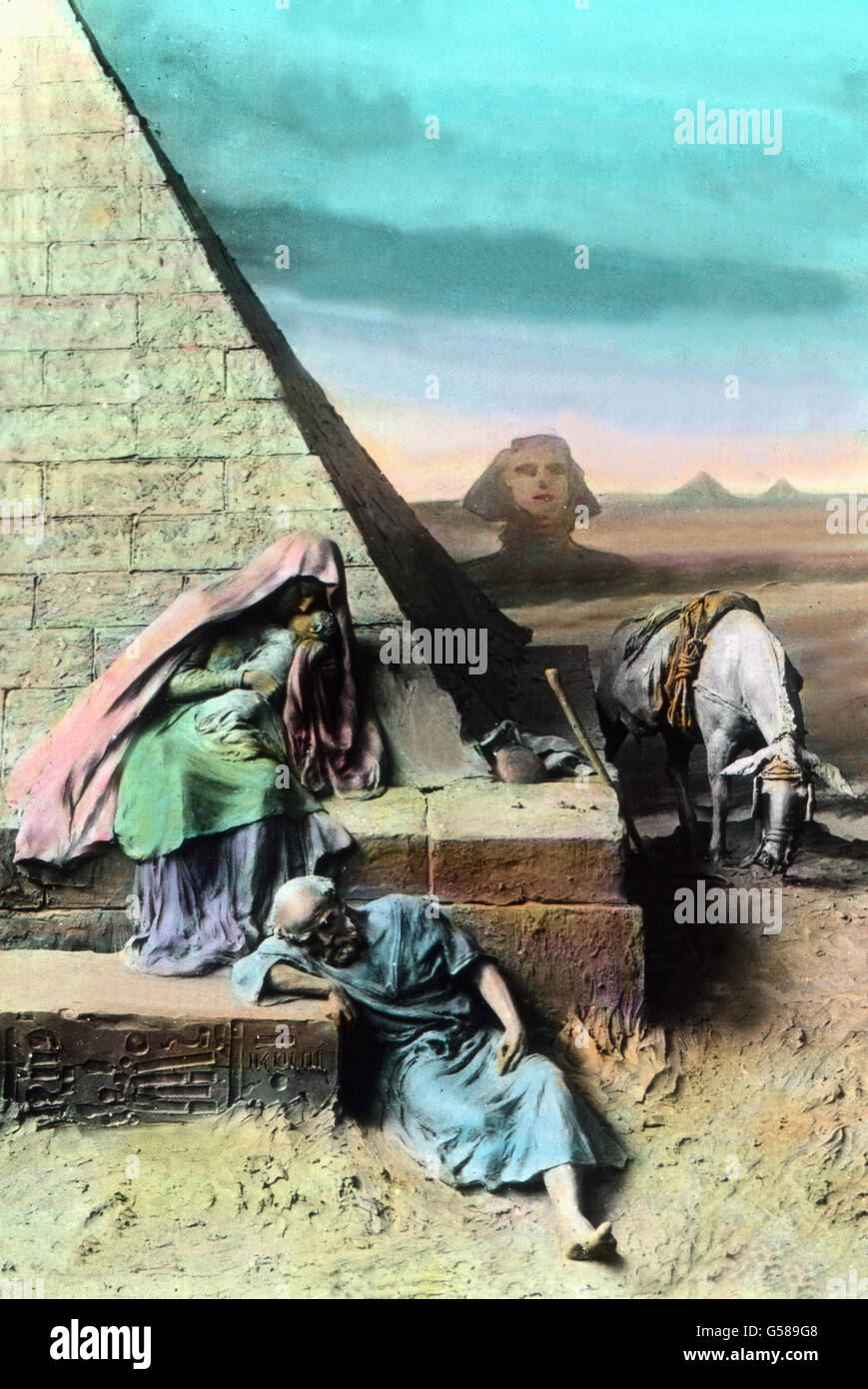 Repos pendant la fuite en Égypte. La Sainte Famille. Scène biblique d