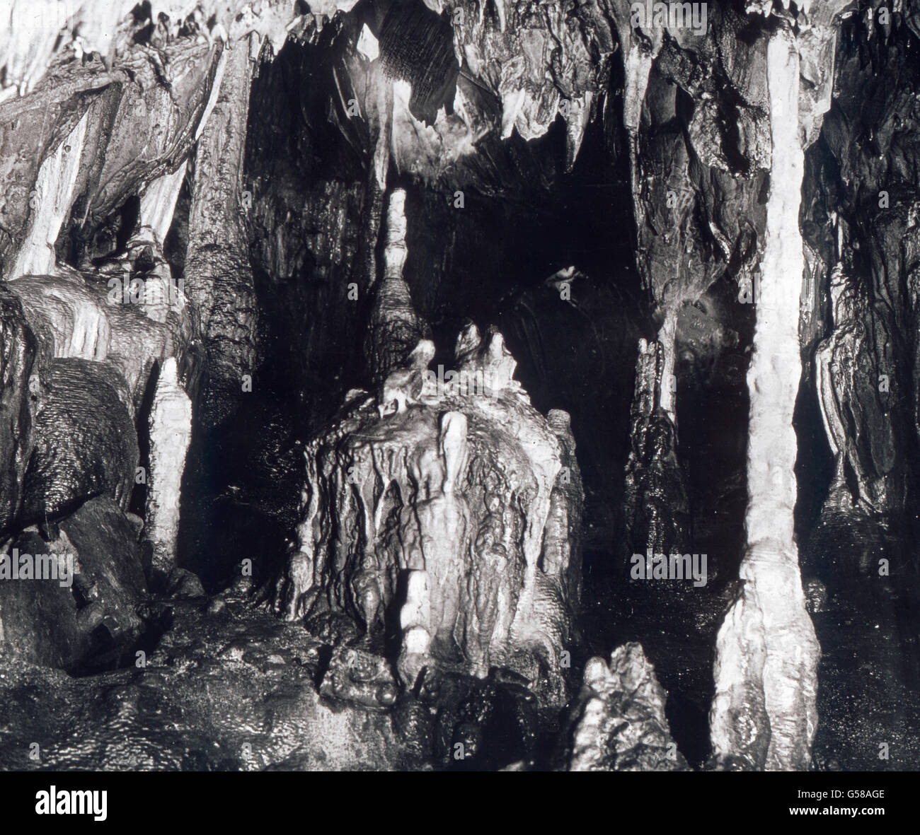 Die wohl bekannteste ist die Höhle des Sauerlandes Dechenhöhle bei Lethmate. Sie gehört der Reichseisenbahn und wurde im Jahre 1868 zufällig durch Arbeiter beim Sprengen während des Baus der Eisenbahnstrecke Iserlohn Lethmate entdeckt-. Hat Sie Ihren Namen von dem Oberbergrat von Dechen à Bonn erhalten, der die Höhle erforscht hat. Diese ist 400 m lang, hat elektrische Beleuchtung und ebene Wege. Die Temperatur beträgt nur die Höhle. 10 C. steht zwar mancher anderen un Größe, kaum aber une Tropfsteinbildungen nach der Schönheit. An dem Wachstum der und Stalagmiten Stalaktiten (ca. 4 mm de Banque D'Images