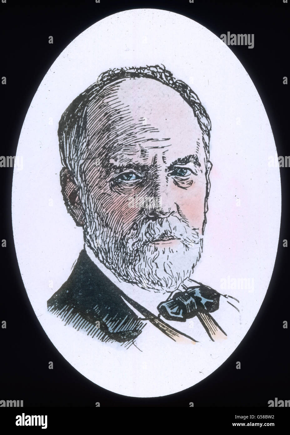 Prominenter Passagier auf der RMS Titanic: Der journaliste und Spiritualist William Stead. Le premier voyage du Titanic 1912, catastrophe du Titanic, portrait du passager William Stead, journaliste, illustration, histoire, historique, Carl Simon, toboggan en verre de couleur main Banque D'Images