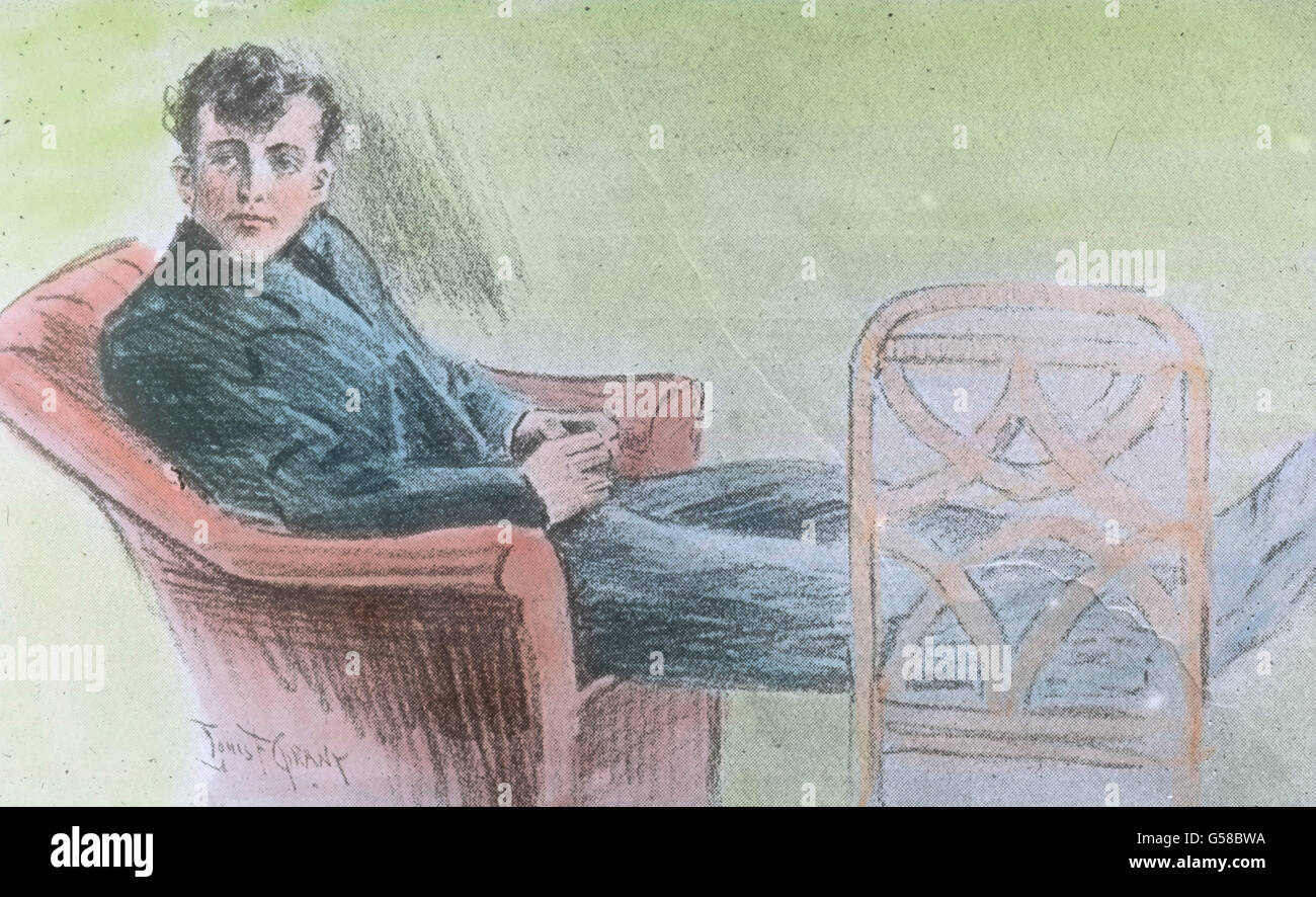 Wahrscheinliches Porträt von Harold Bride, einem der beiden Funker der RMS Titanic, der Kapitän Edward John Smith unterstellt war, nur für Telegram, die das Schiff betreffen. Le premier voyage du Titanic 1912, image probablement une illustration de Harold Bride, l'un des opérateurs sans fil du Titanic pour télégramme, histoire, historique, Carl Simon, diapositive de verre de couleur main Banque D'Images