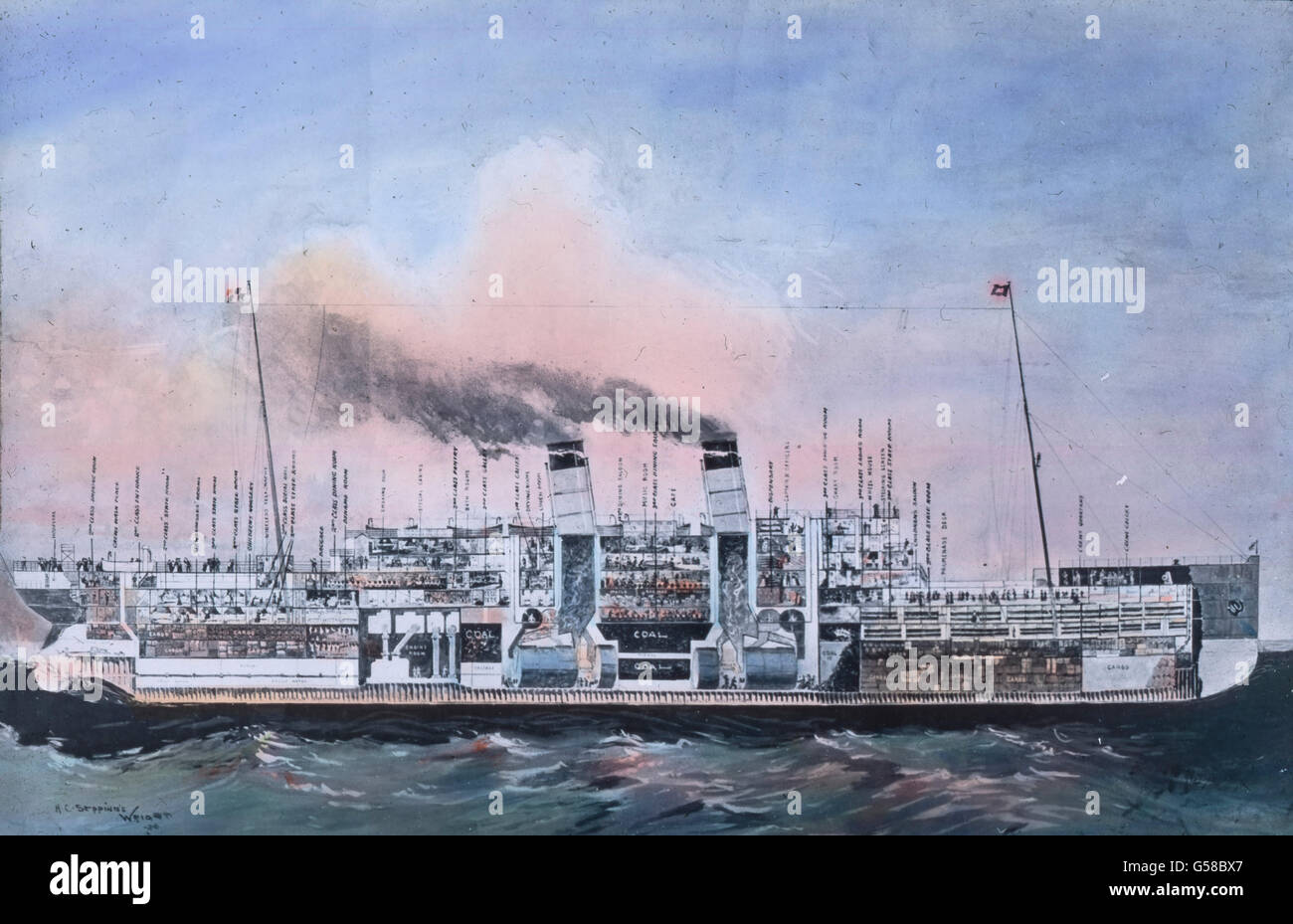 Aufrißzeichnung eine der RMS Titanic. Le voyage inaugural du Titanic 1912 - catastrophe Titanic, illustration du Titanic, histoire, historique, Carl Simon, lame de verre colorée à la main Banque D'Images