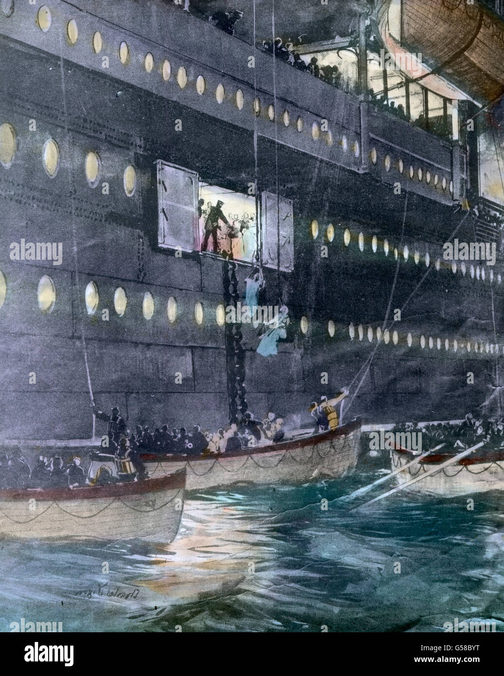 Betrieb einer Bürgen, Rechtungsboote und Betrieb einer. Viele Passagiere sind noch an Bord der RMS Titanic. Le premier voyage du Titanic 1912, le désastre du Titanic - le naufrage du Titanic - bateaux de sauvetage avec passagers - Carl Simon, toboggan en verre de couleur main - illustration - histoire, historica Banque D'Images