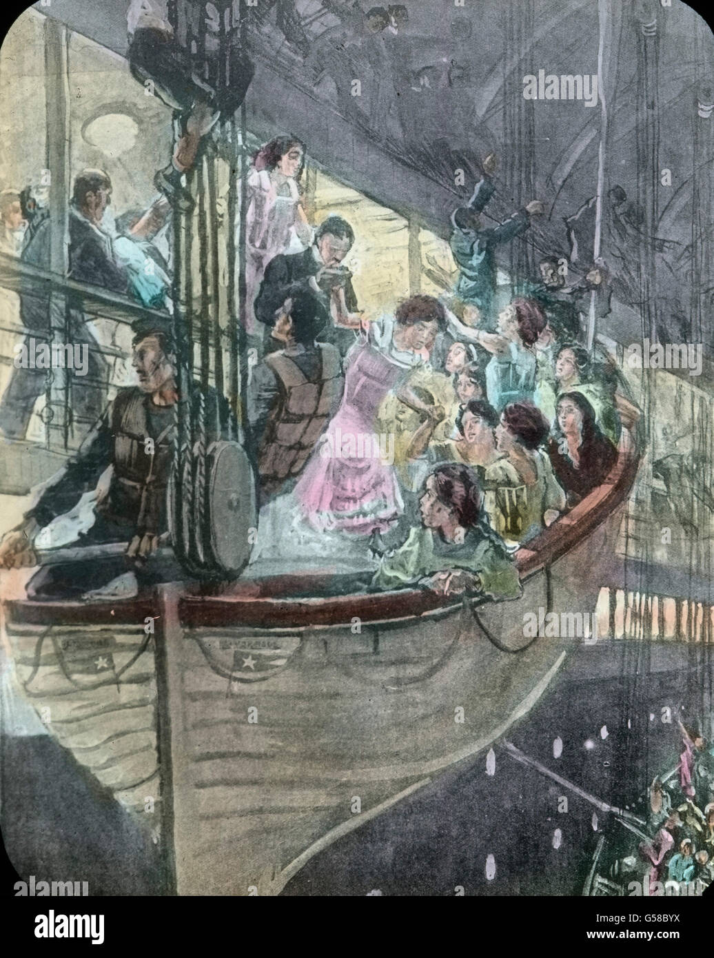 Die Panik greift UM sich an Bord der RMS Titanic, als es zur Verteilung der Plätze in den Rettungsbooten kommt. Le premier voyage du Titanic 1912 - le désastre du Titanic, le naufrage du Titanic - panique à bord - Carl Simon, verre de couleur main - illustration - histoire, historique Banque D'Images