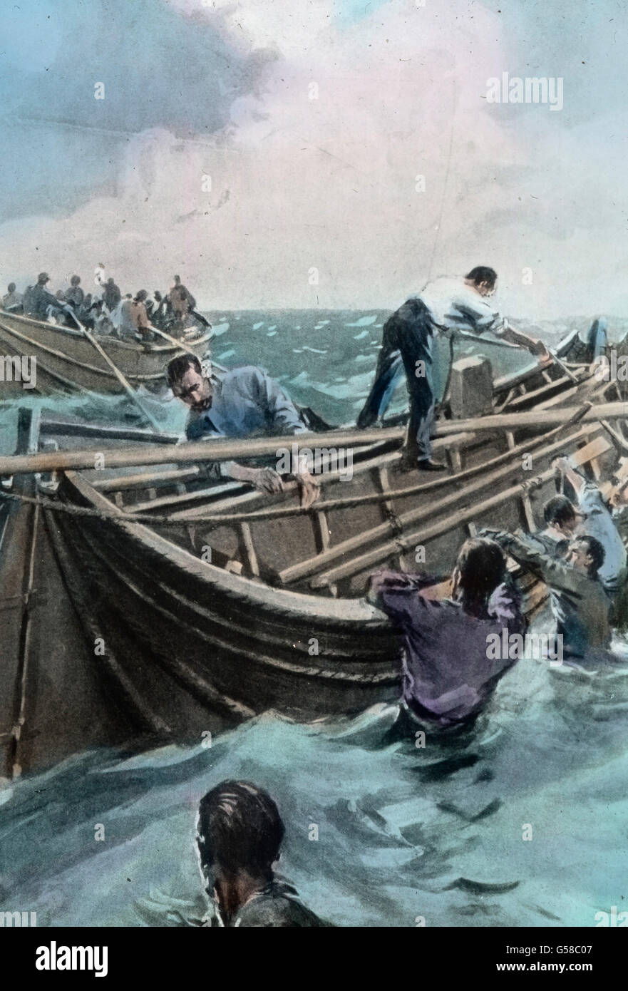 Nach dem sprung von Bord der RMS Titanic in das eiskalte Wasser des Nordatlantik versuchen Schiffbrüchige an Bord der teilweise leeren Rettungsboote zu gelangen. Le premier voyage du Titanic, le désastre du Titanic 1912 - le naufrage du Titanic - naufrage des gens - Carl Simon, diapositive en verre de couleur main - illustration - histoire, historique Banque D'Images