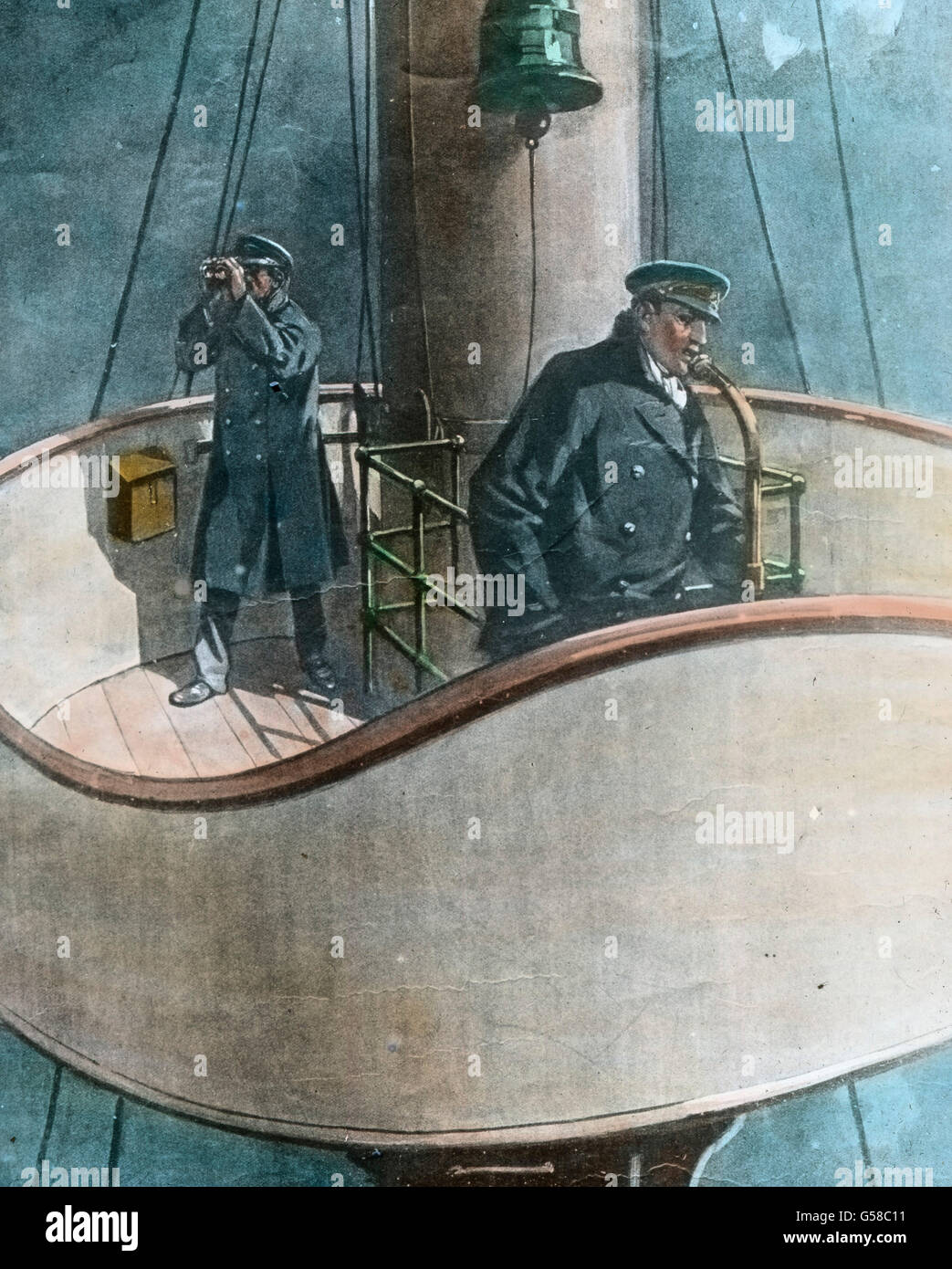 Kurz vor der Kollision der RMS Titanic mit dem Eisberg: Die Seeleute im Ausguck warnen vor Treibeis vor dem Schiff. Le premier voyage du Titanic 1912 - le désastre du Titanic, marins à l'affût du Titanic - illustration, Carl Simon, toboggan en verre de couleur main - histoire, historique Banque D'Images