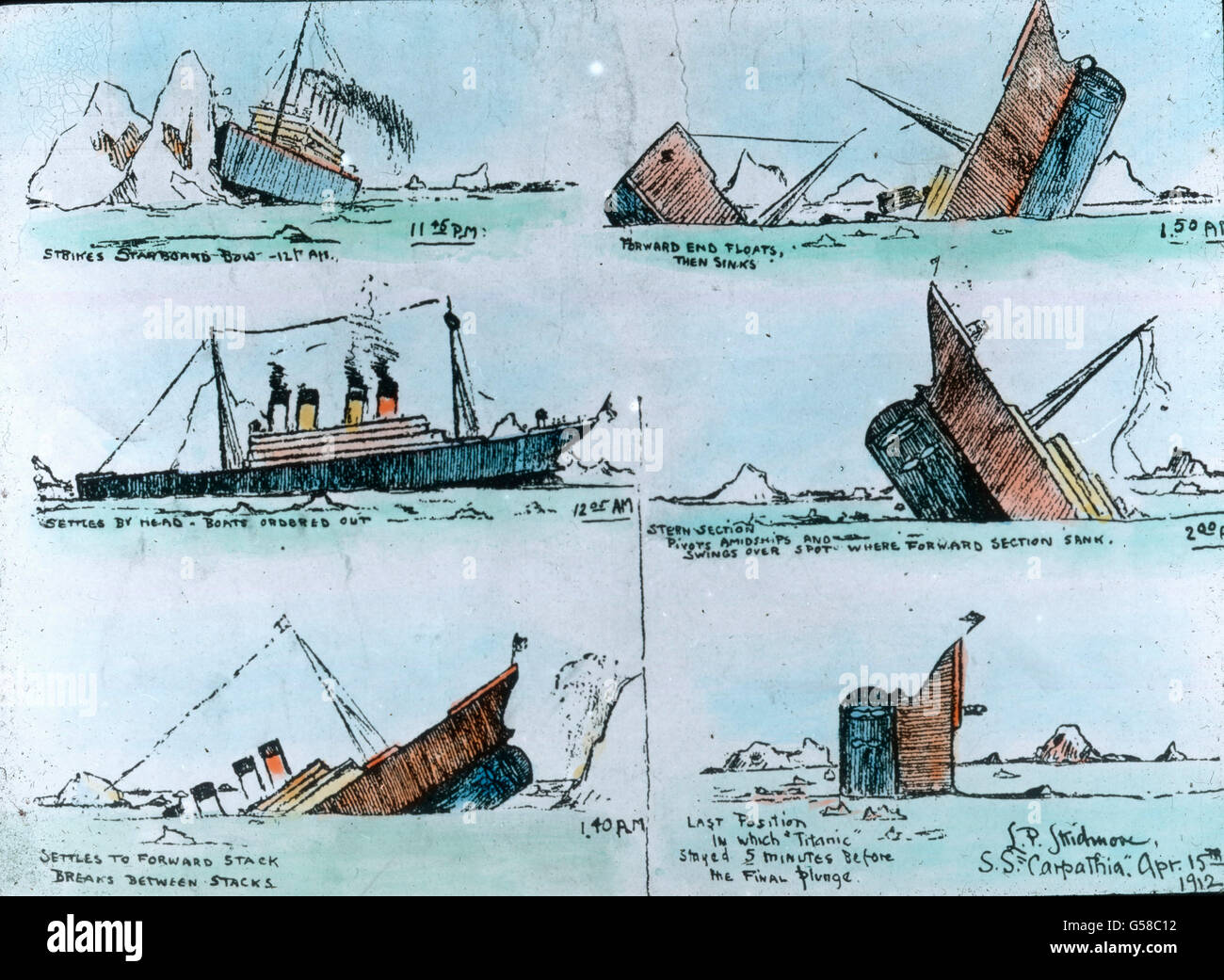 Schematische Darstellung zum Untergang der RMS Titanic am 14./15. Avril 1912 im Nordatlantik. Le voyage inaugural du Titanic Titanic, 1912, illustration de catastrophe, le naufrage du Titanic, l'histoire, historique,Carl Simon, lame de verre colorée à la main Banque D'Images