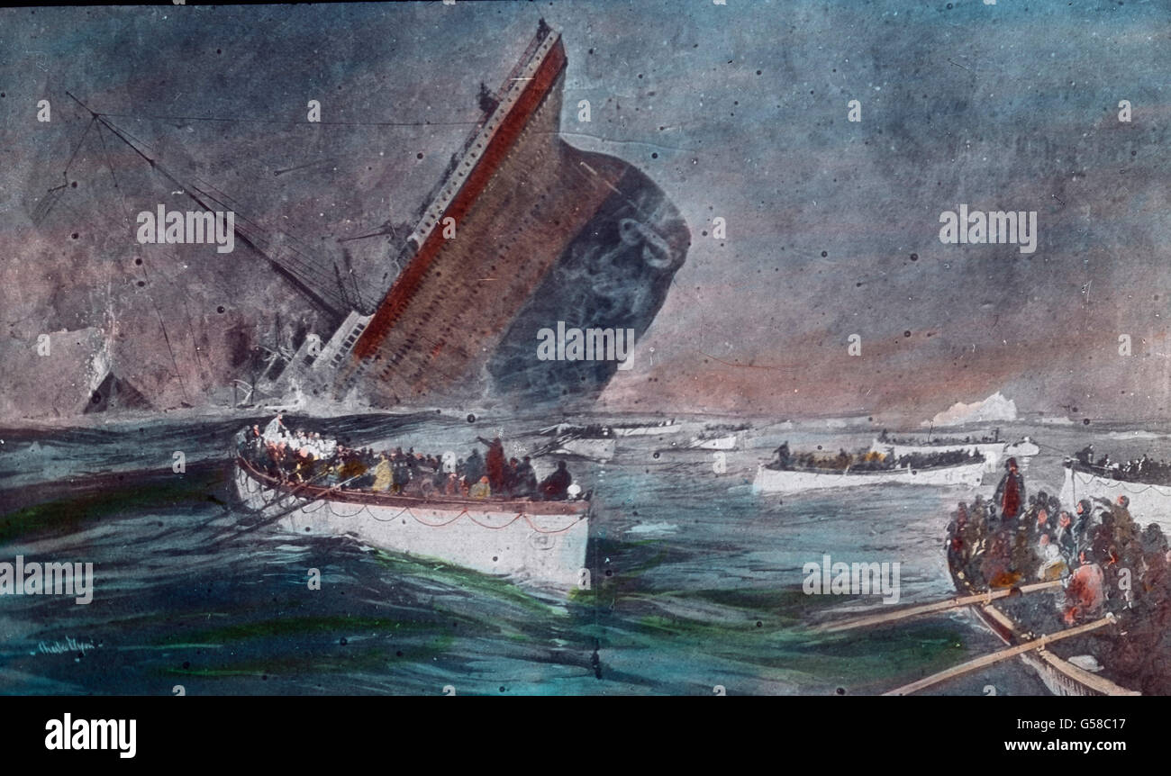 Während die RMS Titanic ihre Reise auf den Grund des Nordatlantik antritt, retten sich die Schiffbrüchigen in den Rettungsbooten weg vom Unglück. Le premier voyage du Titanic 1912 - le désastre du Titanic, le naufrage du Titanic - bateaux de sauvetage avec passagers, Carl Simon, toboggan en verre coloré à la main - illustration, histoire, historique Banque D'Images