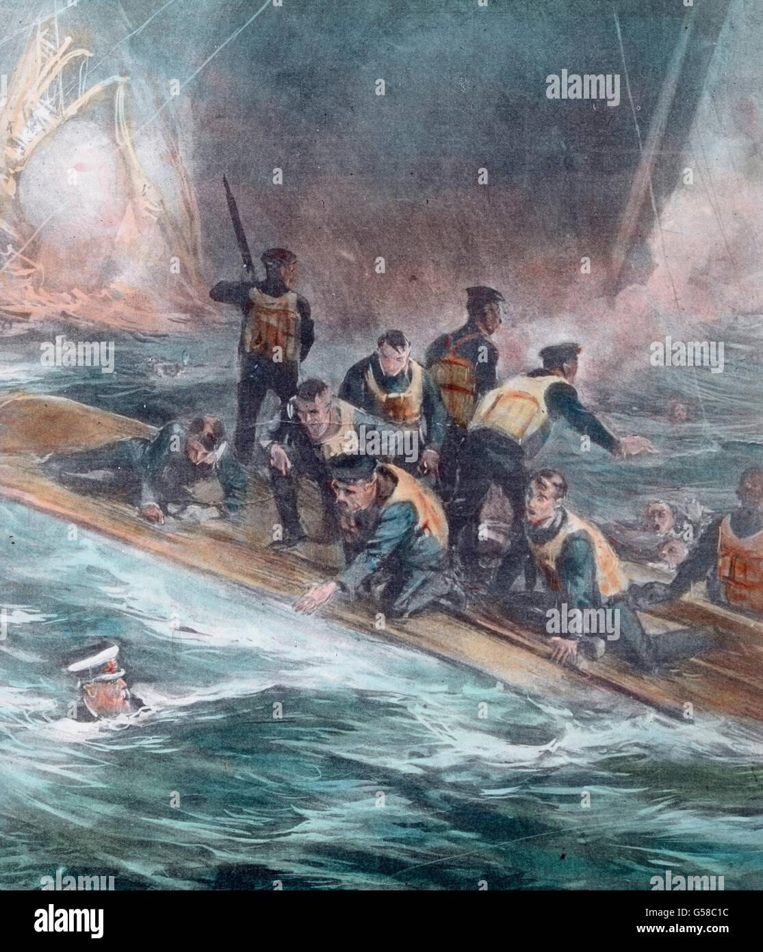 Teile der Mangschaft der RMS Titanic haben sich auf eine Planke gerettet und versuchen sich vom Unglücksort wegzubewegen. Le premier voyage du Titanic 1912, le désastre du Titanic - naufragés - Carl Simon, verre de couleur main - illustration - histoire, historique Banque D'Images