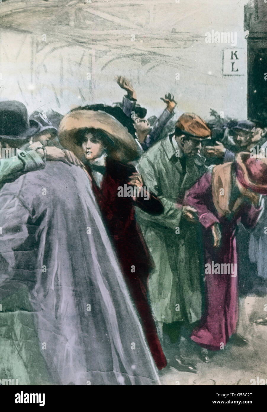 Trauer und Freude, Erschütterung sich als die mélange, RMS Carpathia dans den Hafen von New York City einläuft und die Überlebenden der RMS Titanic mit sich bringt. Le voyage inaugural du Titanic Titanic - 1912 - L'arrivée des survivants de catastrophes dans la région de New York, illustration, histoire, historique, Carl Simon, lame de verre colorée à la main Banque D'Images