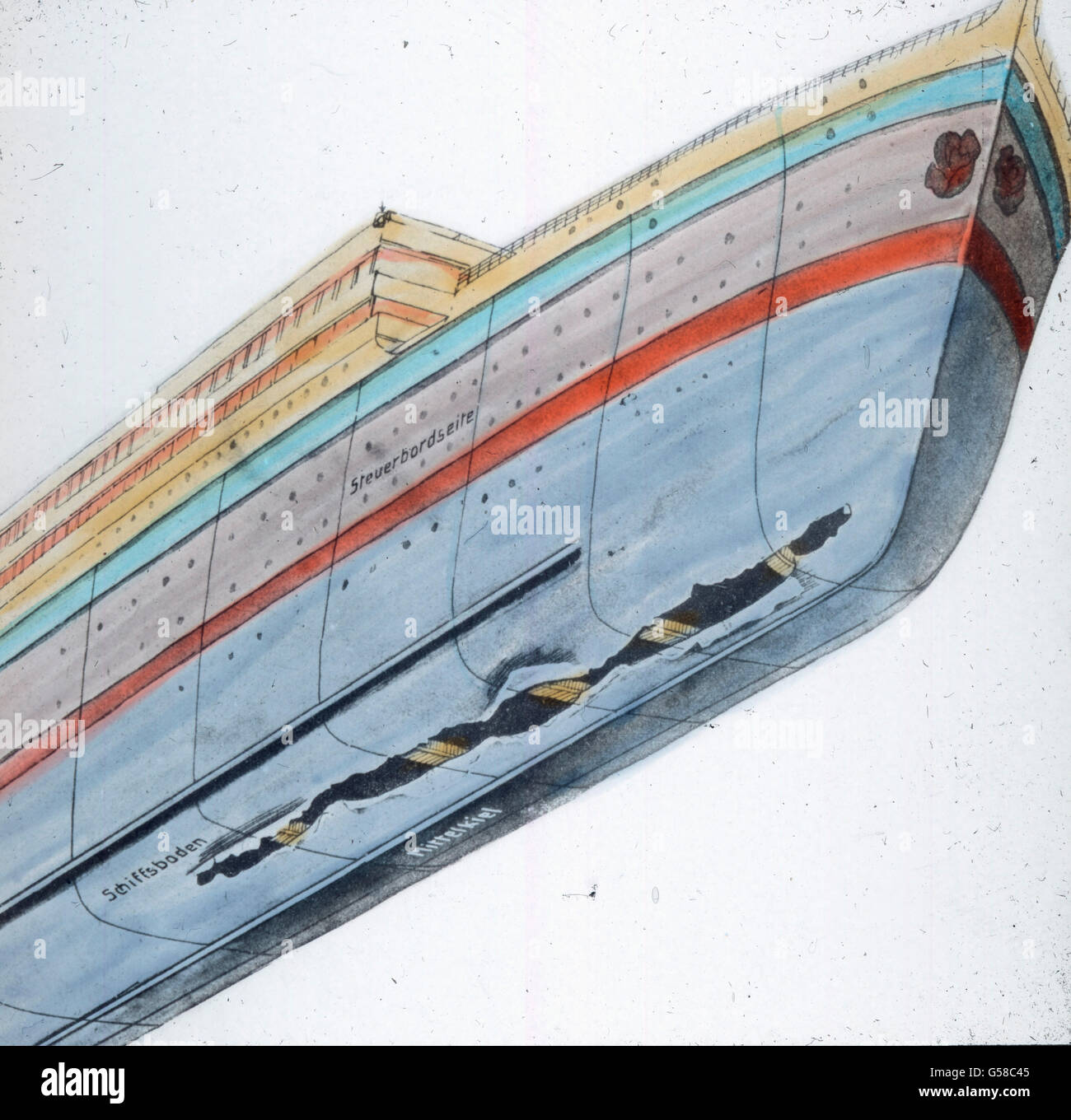 Schematische Darstellung der Risse die der Eisberg an der RMS Titanic verursacht hat. Le voyage inaugural du Titanic Titanic 1912 - catastrophe - illustration de Titanic, l'histoire du crack, historique, Carl Simon, lame de verre colorée à la main Banque D'Images