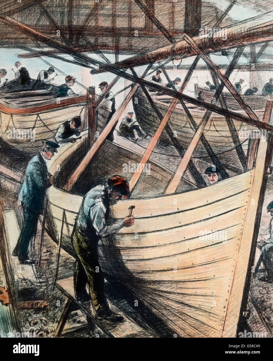 Rettungsboote Schiffszimmerleute bauen die für die RMS Titanic auf der Werft Harland & Wolff à Belfast, Irlande. Le voyage inaugural du Titanic Titanic 1912 - construction de bateaux la vie au chantier naval Harland & Wolff à Belfast, illustration, histoire, historique, Carl Simon, lame de verre colorée à la main Banque D'Images