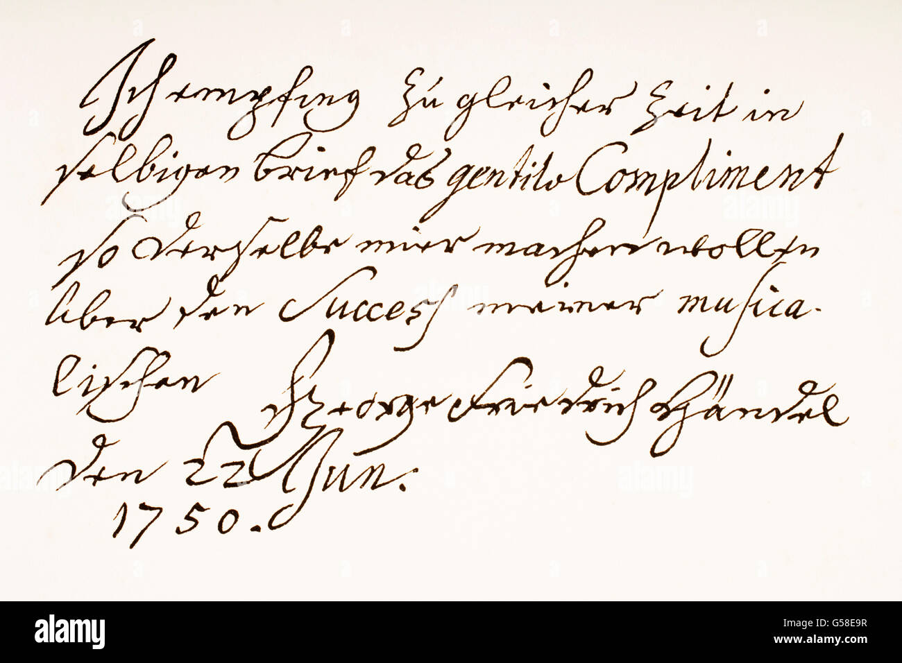 George Frideric Handel ou Georg Friedrich Händel, 1685 - 1759. Compositeur Baroque anglo-allemande. Échantillon d'écriture à la main. Banque D'Images