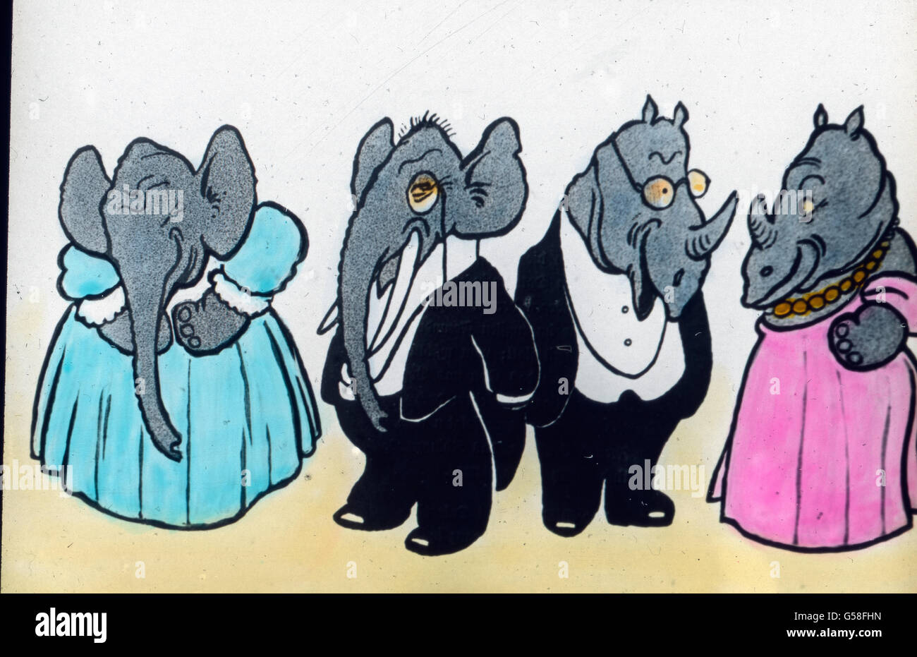 Und Muhmen, Vettern und Cousinen mit höchst vergnütten Festesmienen. Elephant, tustker, histoire, histoire, histoire des enfants, comique, illustration, drôle, archive, Carl Simon, histoire, conte de fées, 1910, 20e siècle, mariage, invités, relation, rhinocéros, conte de fées à propos de Little Elephant Billy, diapositive en verre de couleur main Banque D'Images