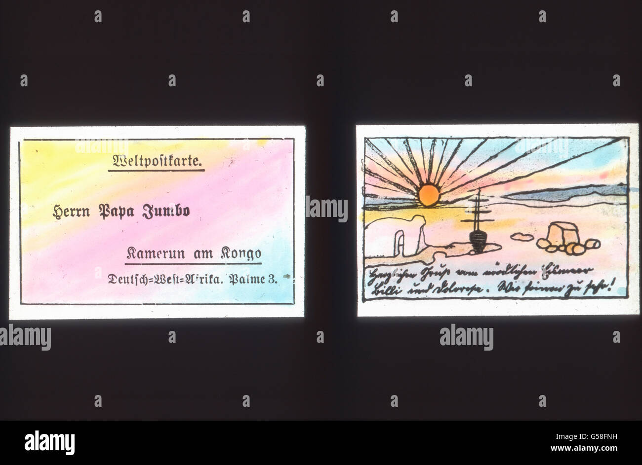 Dann Hat man heimwärts an die Lieben Der Ansichtskarten viel geschrieben. Éléphant, tusker, histoire, histoire, histoire des enfants, bande dessinée, illustration, drôle, archive, Carl Simon, histoire, conte de fées, 1910, 20e siècle, carte postale, Billy, conte de fées sur le petit éléphant, diapositive en verre de couleur main Banque D'Images