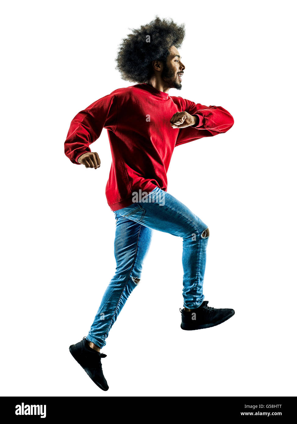 Un homme africain marcher walker heureux en silhouette isolé sur fond blanc Banque D'Images