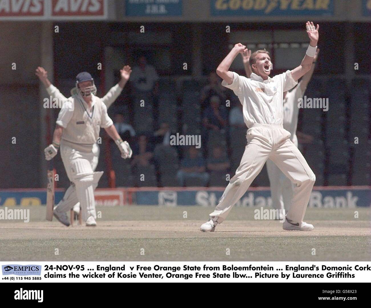 24-NOV-95, Angleterre v Free Orange State de Bloemfontein, en Angleterre, Dominic Cork revendique le cricket de Kosie Venter, Orange Free State lbw.Photo de Laurence Griffiths Banque D'Images