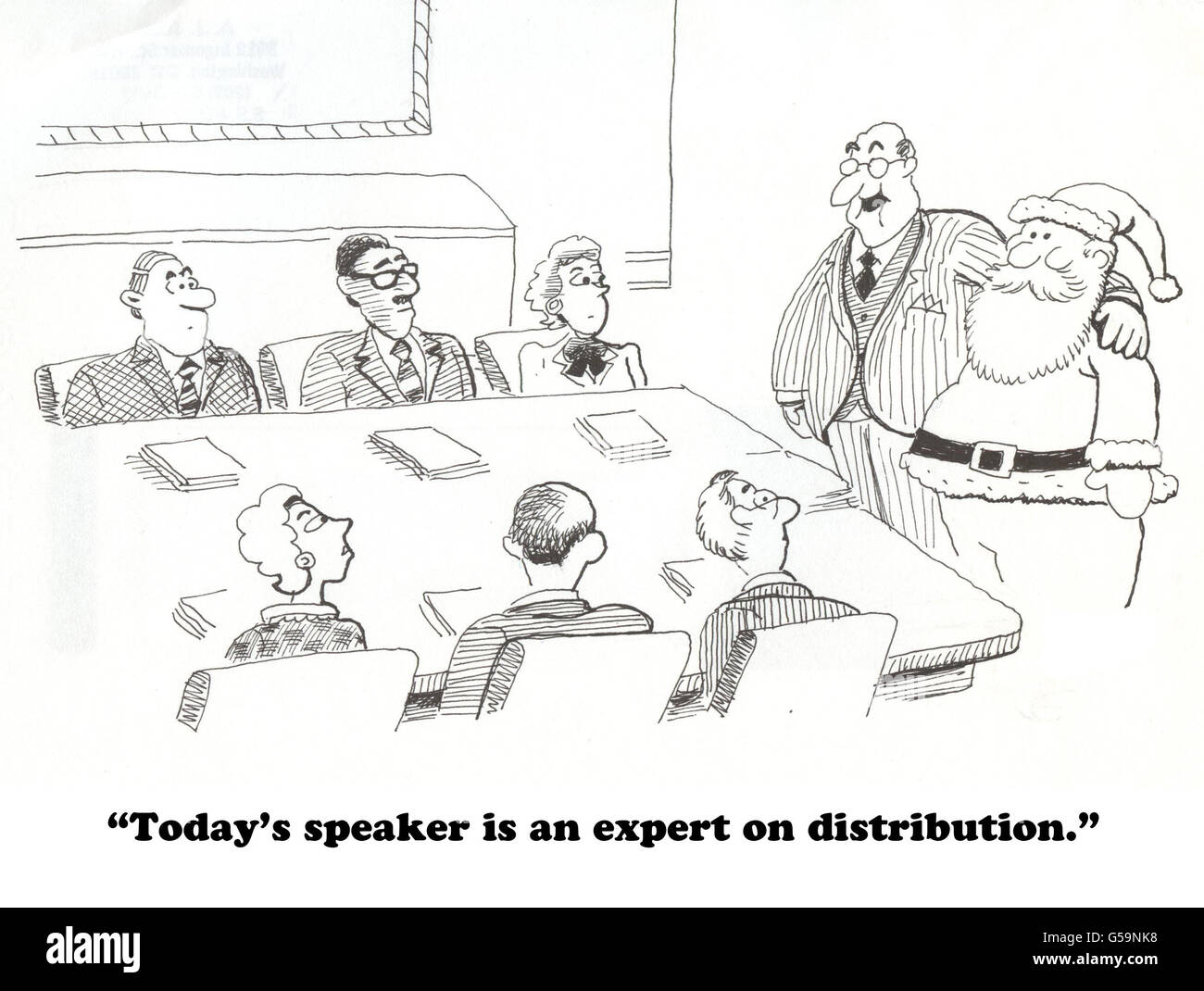 Dessin animé de Noël du Père Noël une conférence sur la distribution. Banque D'Images