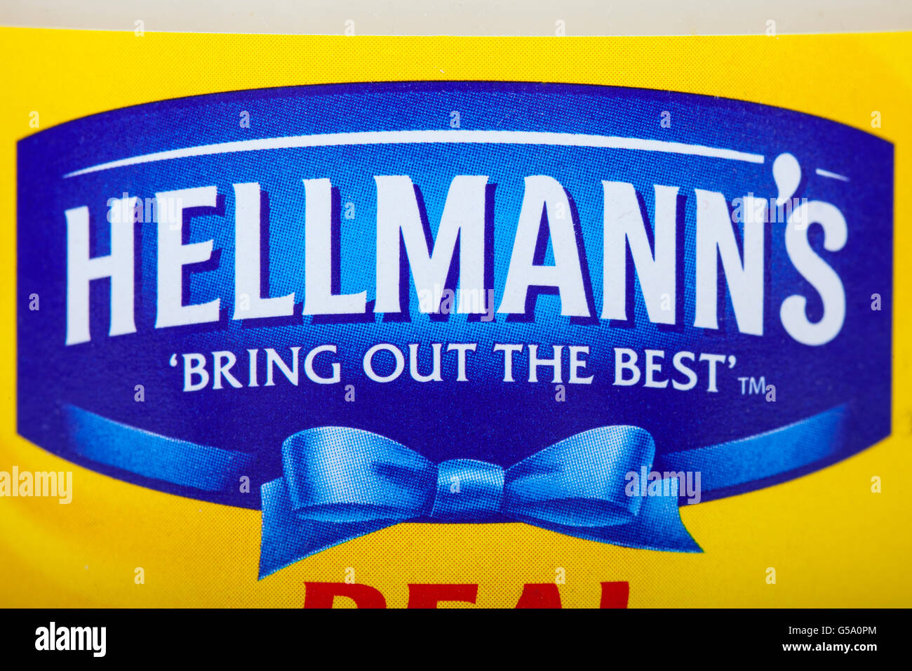 Londres, Royaume-Uni - 16 juin 2016 : un gros plan sur le logo et slogan de la marque Hellmanns, le 16 juin 2016. Tionne également Hellmanns Banque D'Images