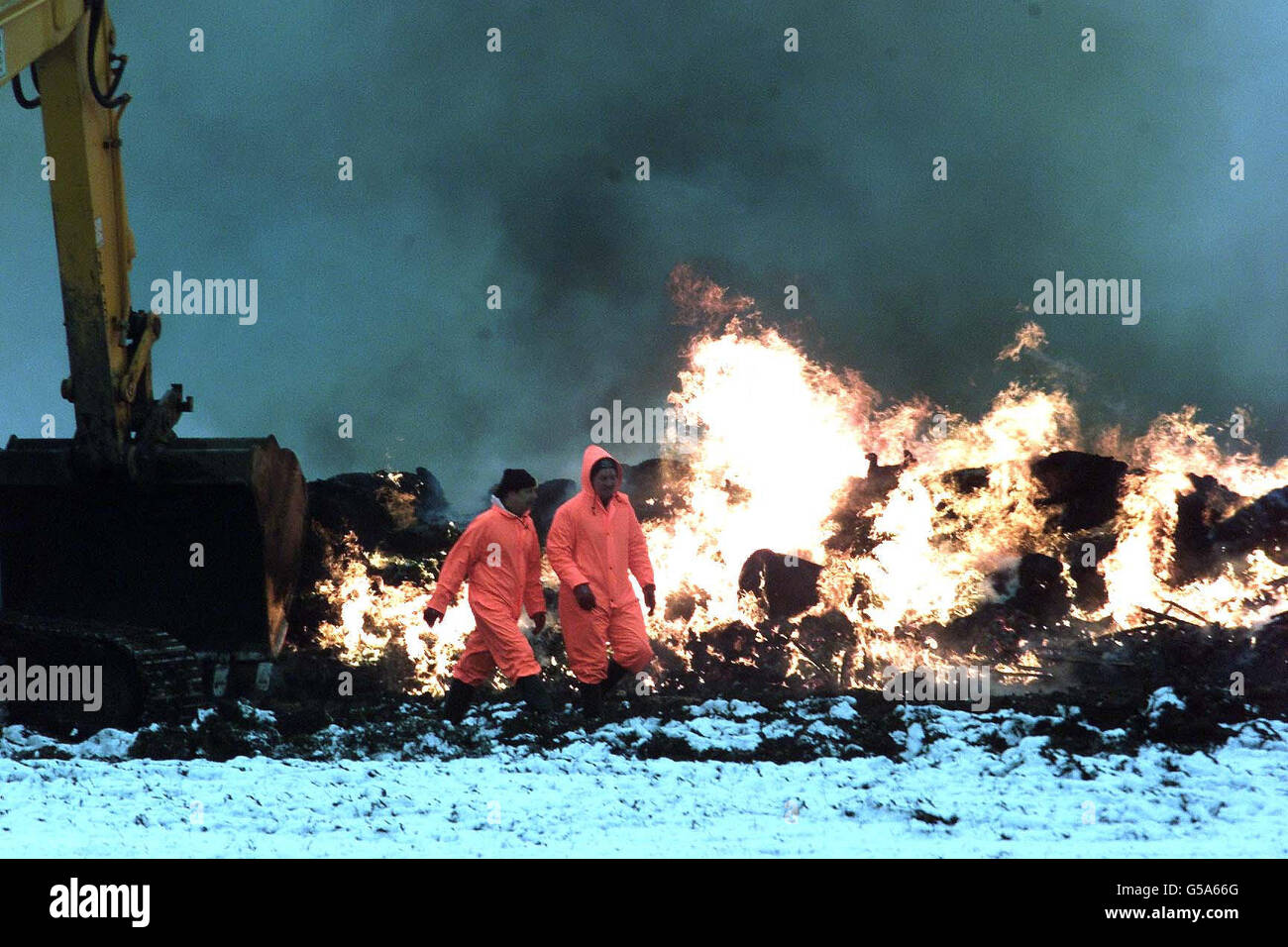 Les travailleurs marchent devant un feu brûlant dans une ferme à Heddon-on-the-Wall, dans le Northumberland, douze heures après le début de l'incinération des animaux touchés par le pied et la bouche. Les craintes étaient de plus en plus élevées que la maladie peut s'être propagée en Europe * ... après la découverte d'animaux touchés sur une ferme dans le Devon appartenant à un revendeur qui exporte des moutons en France. Le ministre de l'Agriculture, Nick Brown, fera une déclaration au Parlement plus tard. Banque D'Images