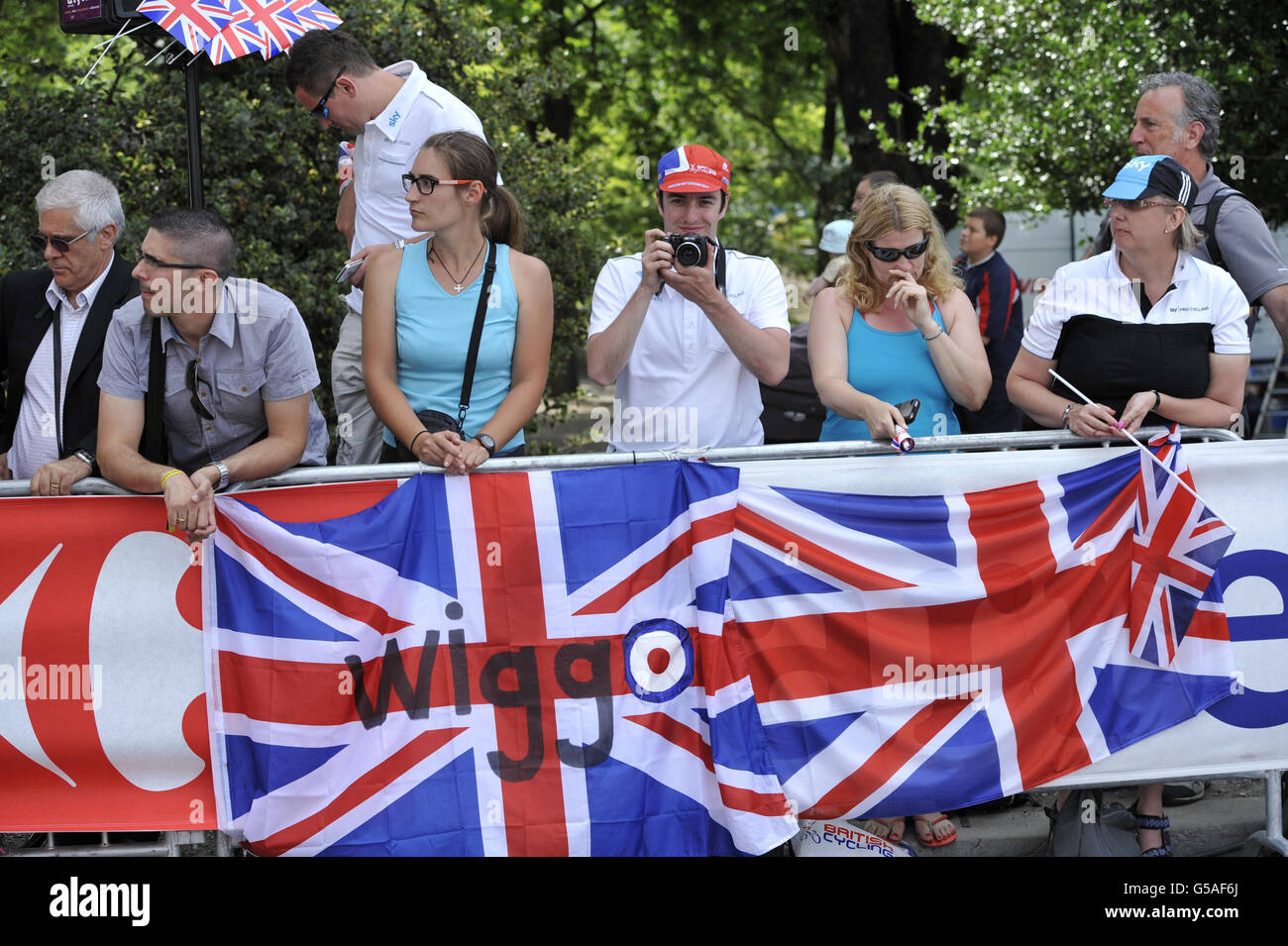 Bradley Wiggins fans lors de la phase du Prologue du Tour de France 2012 à Liège, Belgique. Banque D'Images