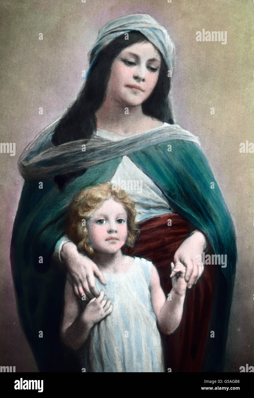 Maria mit dem Genre. Noël, 19ème siècle, Vierge à l'enfant, peinture de Max Stern, archive, Carl Simon, histoire, historique, la mère, l'enfant, Marie, Jésus, portrait, peinture, Max Stern, 1872 - 1943, lame de verre colorée à la main Banque D'Images