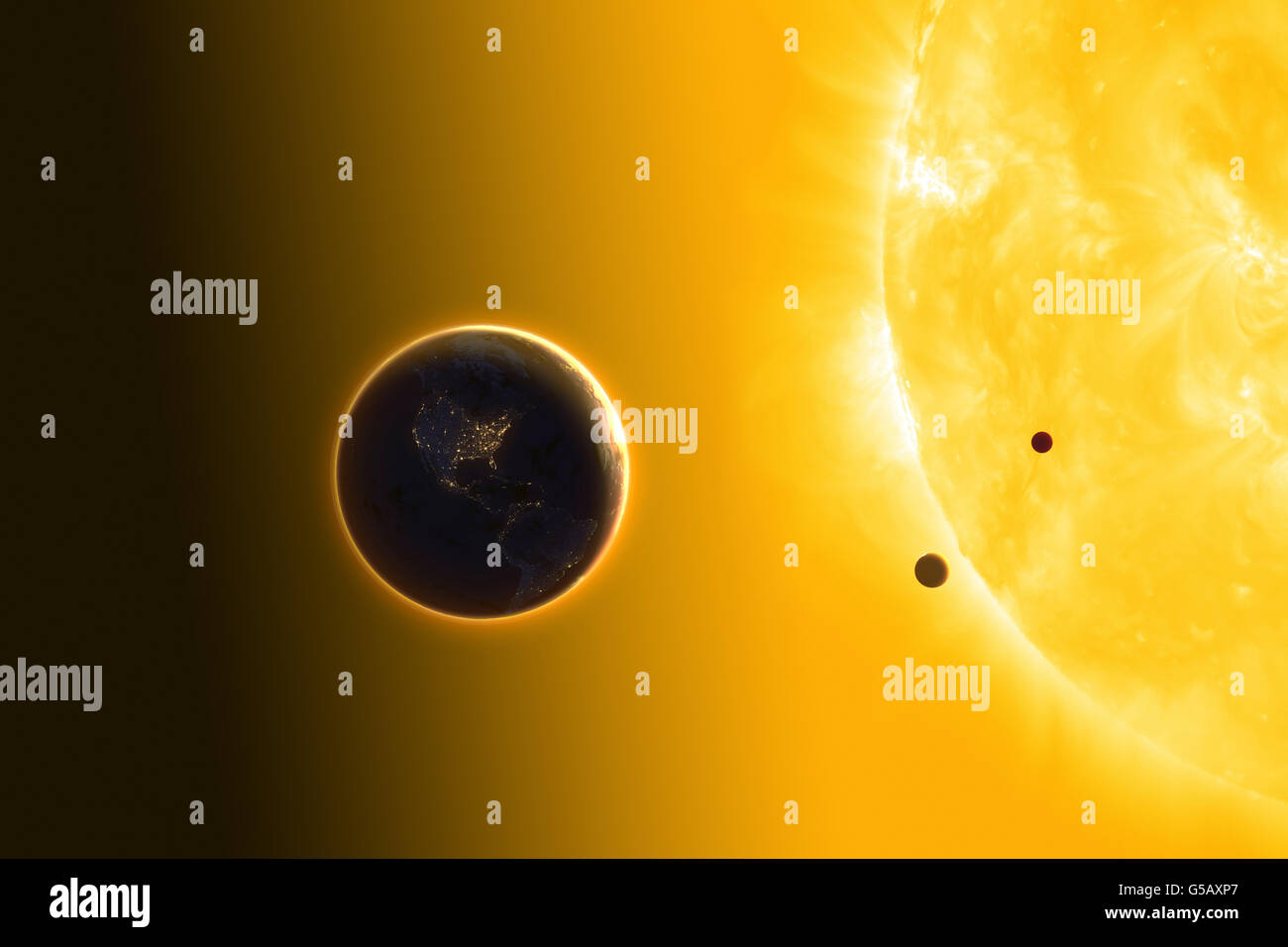 Vénus, Mercure, la Terre en orbite autour du Soleil. Les soleils diamètre est d'environ 109 fois celle de la Terre Banque D'Images