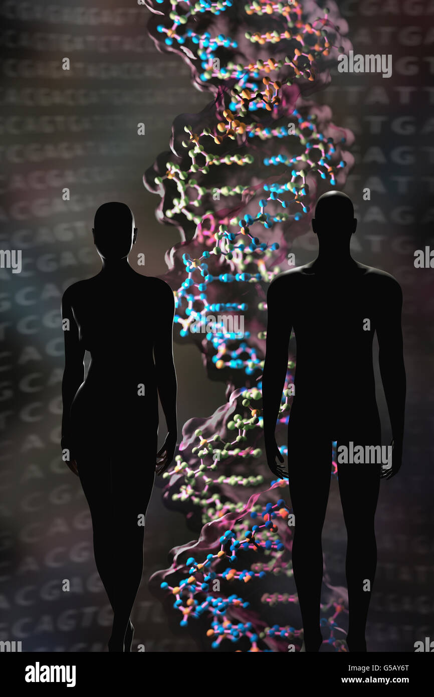 Homme et femme à côté d'une molécule en double hélice de l'ADN. Contient le code génétique de l'ADN pour les femmes et les hommes en forme de gènes. Banque D'Images