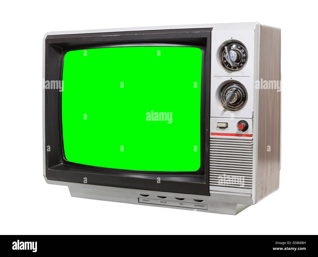 La télévision vintage peu isolé sur blanc avec écran vert chroma. Banque D'Images